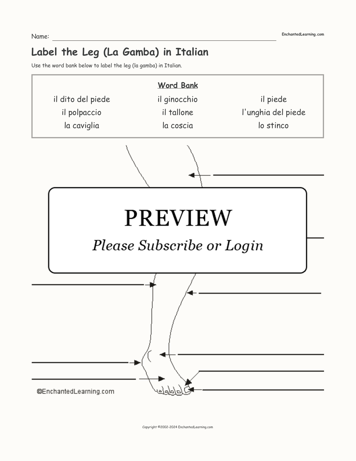 Label the Leg (La Gamba) in Italian interactive worksheet page 1