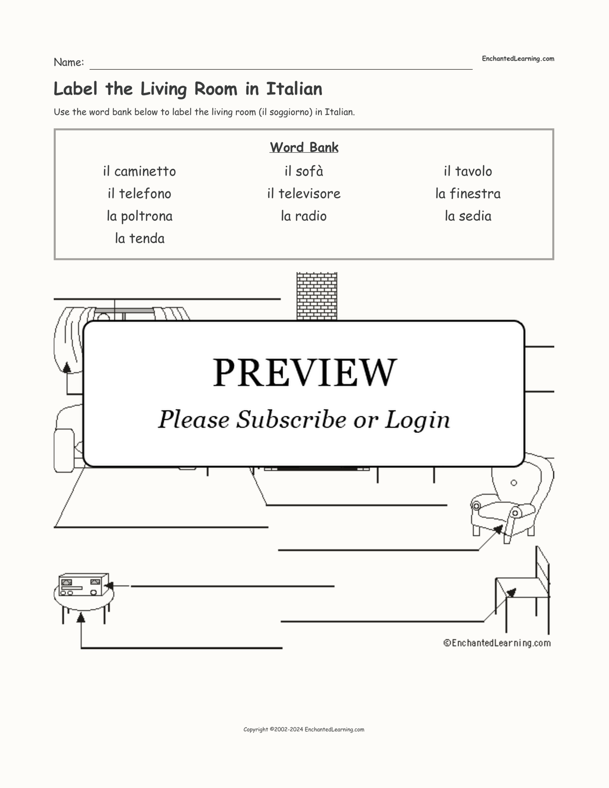 Label the Living Room in Italian interactive worksheet page 1