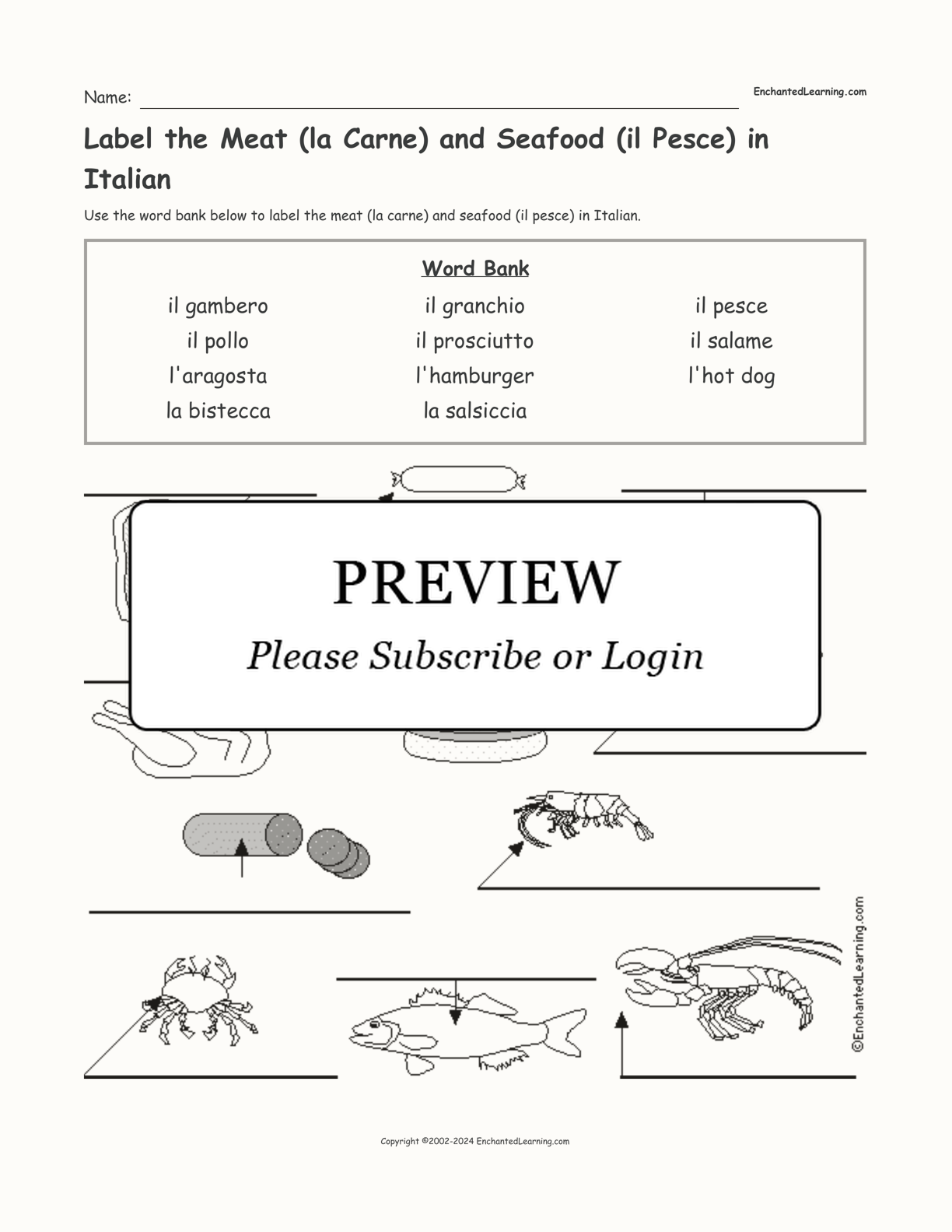 Label the Meat (la Carne) and Seafood (il Pesce) in Italian interactive worksheet page 1