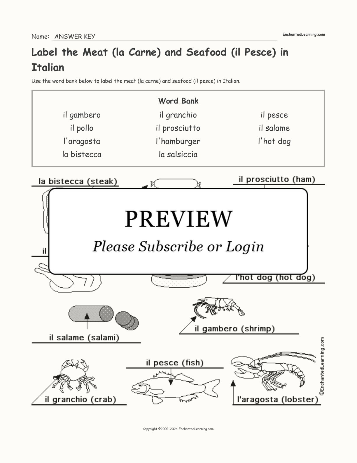 Label the Meat (la Carne) and Seafood (il Pesce) in Italian interactive worksheet page 2