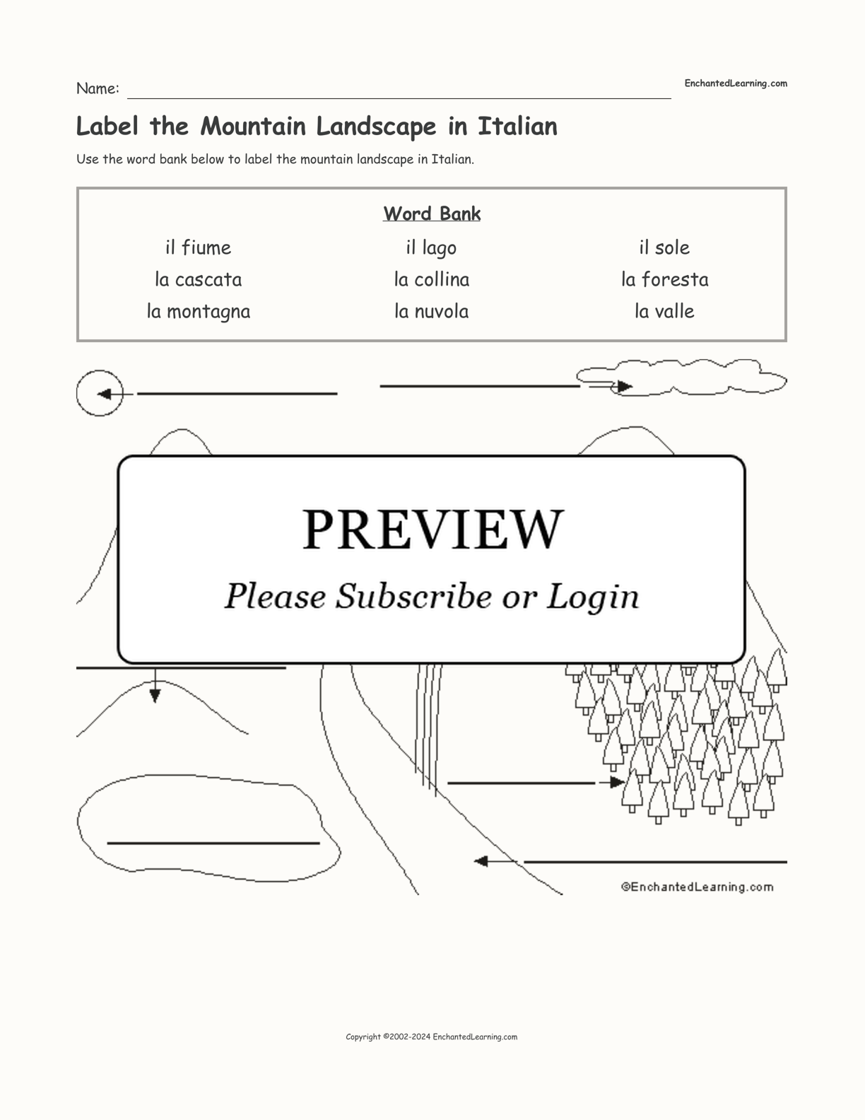 Label the Mountain Landscape in Italian interactive worksheet page 1