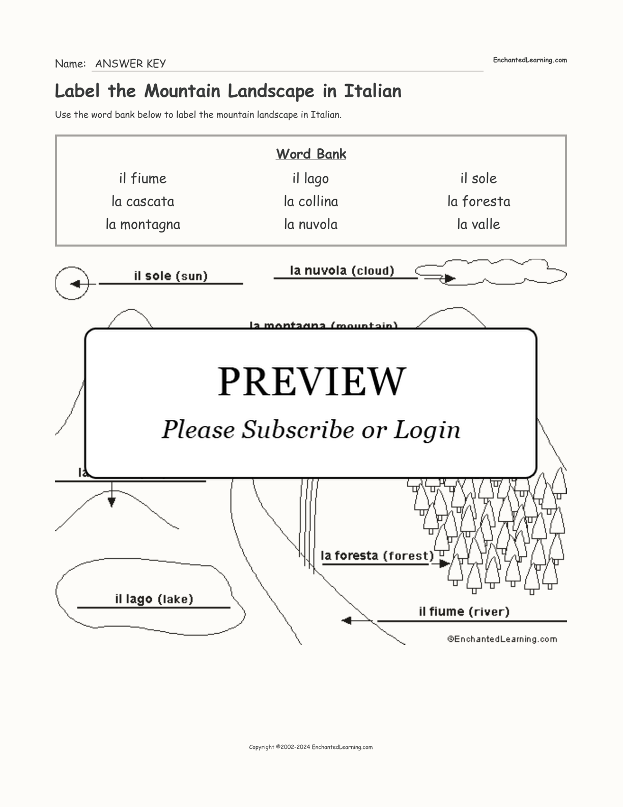 Label the Mountain Landscape in Italian interactive worksheet page 2