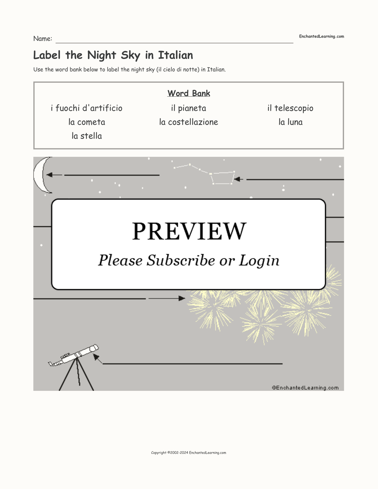 Label the Night Sky in Italian interactive worksheet page 1