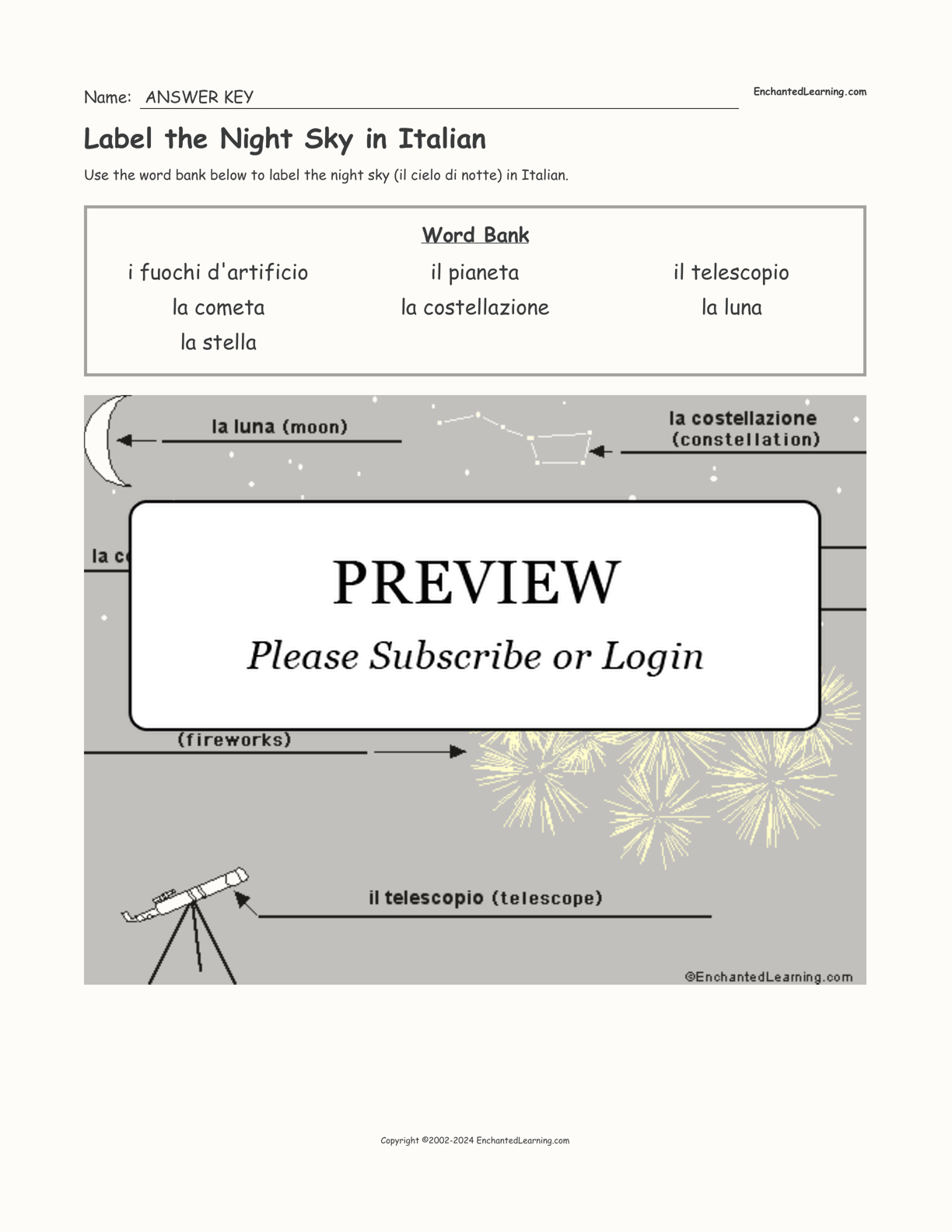 Label the Night Sky in Italian interactive worksheet page 2