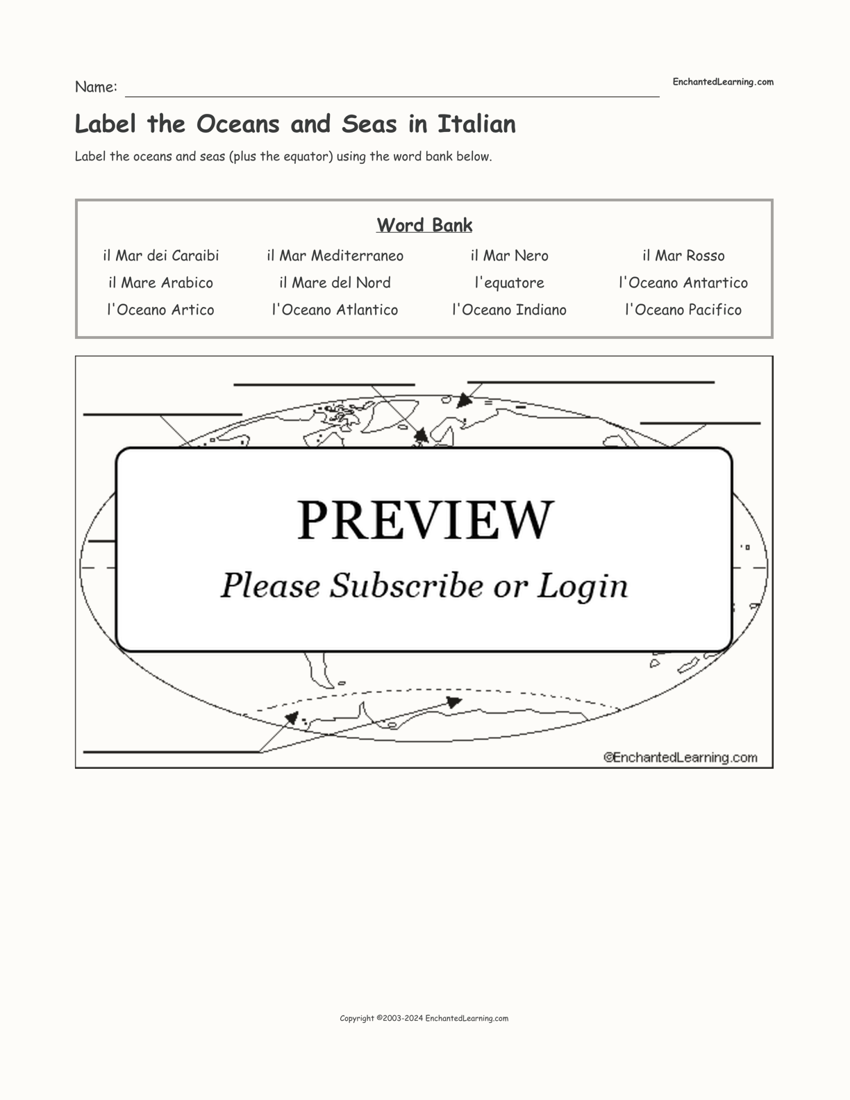 Label the Oceans and Seas in Italian interactive worksheet page 1