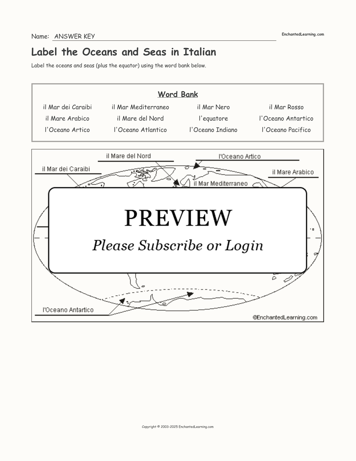 Label the Oceans and Seas in Italian interactive worksheet page 2