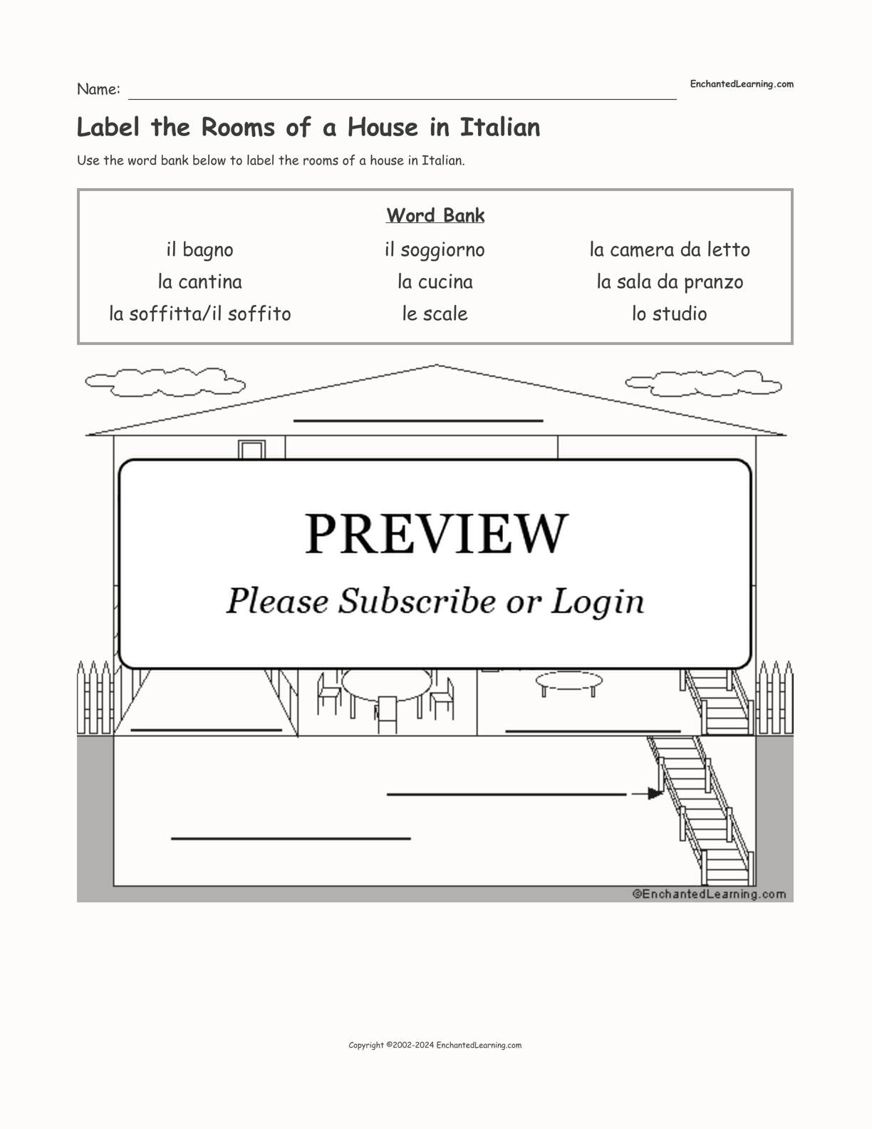 Label the Rooms of a House in Italian interactive worksheet page 1