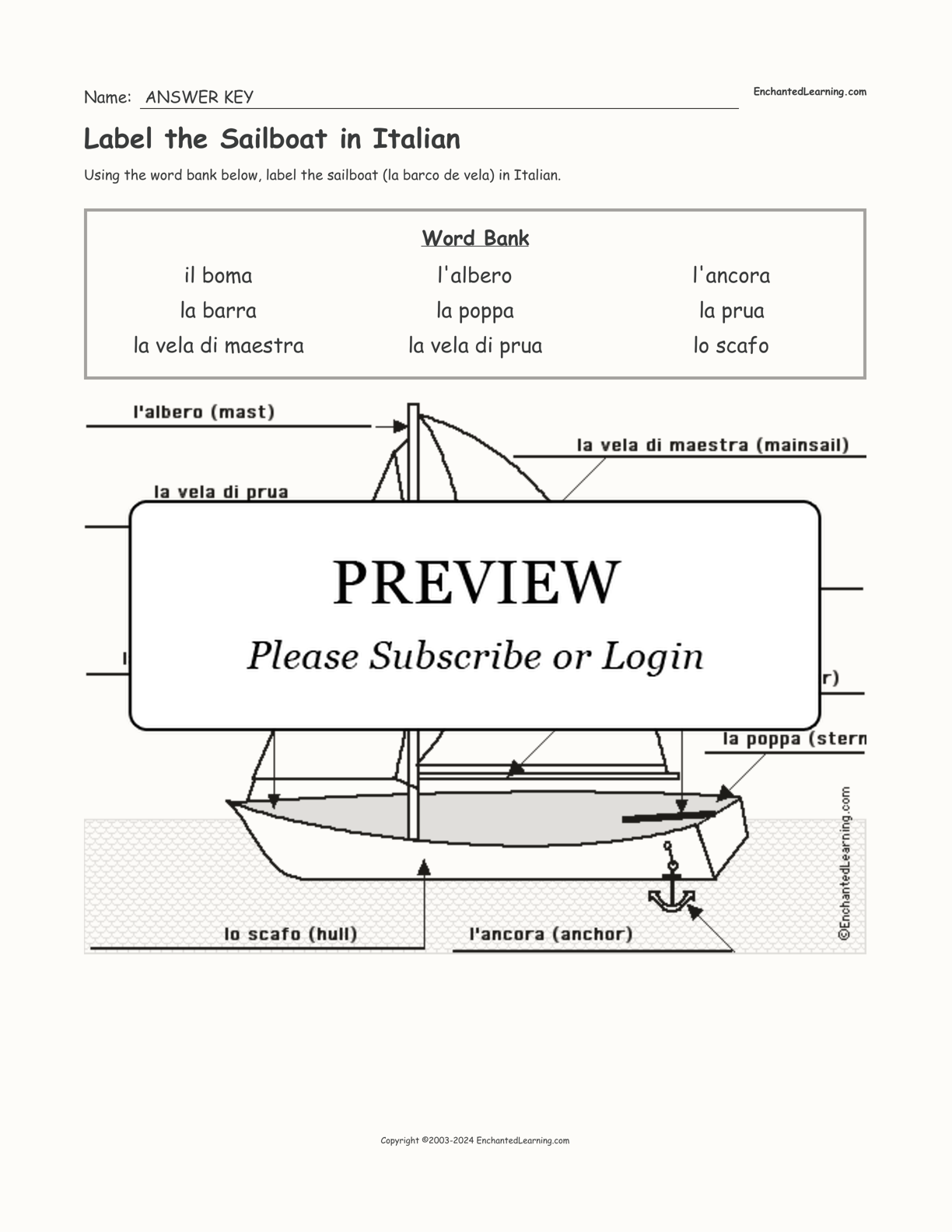 Label the Sailboat in Italian interactive worksheet page 2
