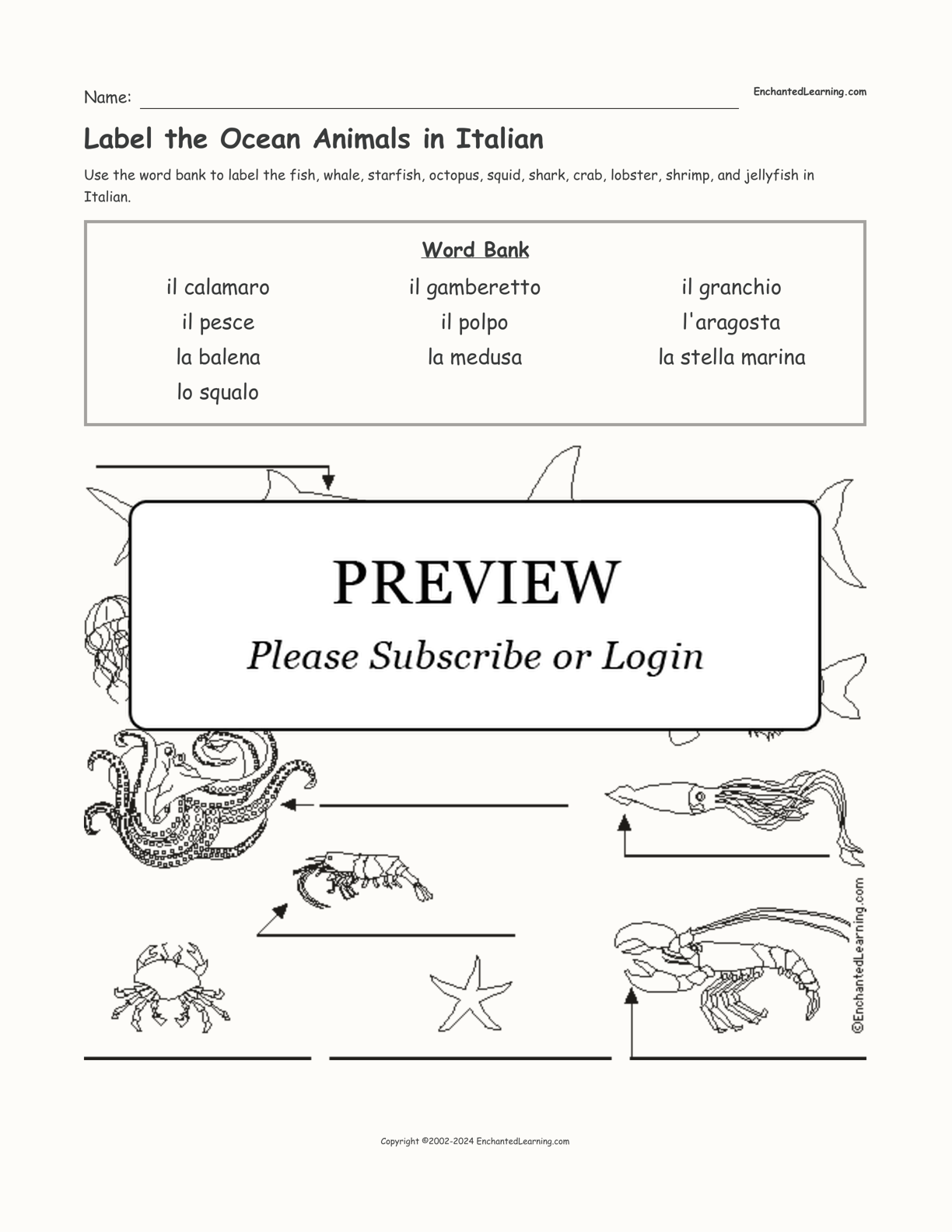 Label the Ocean Animals in Italian interactive worksheet page 1