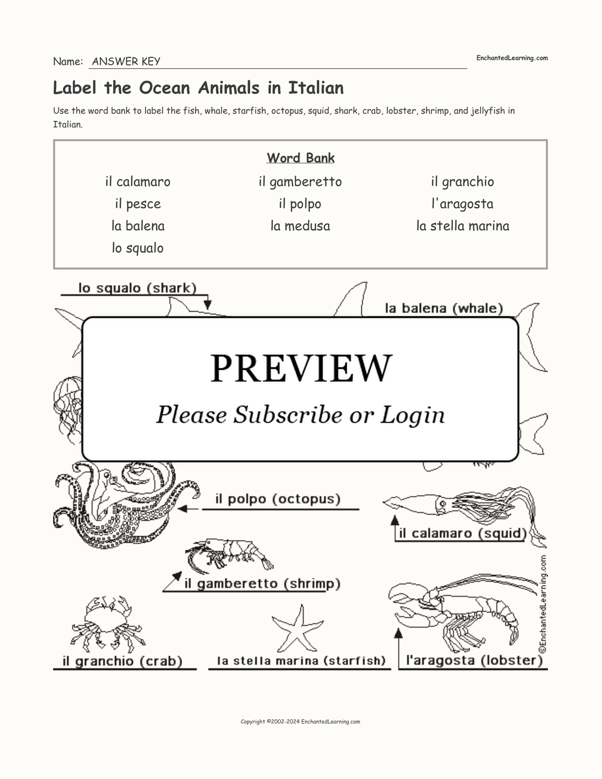 Label the Ocean Animals in Italian interactive worksheet page 2