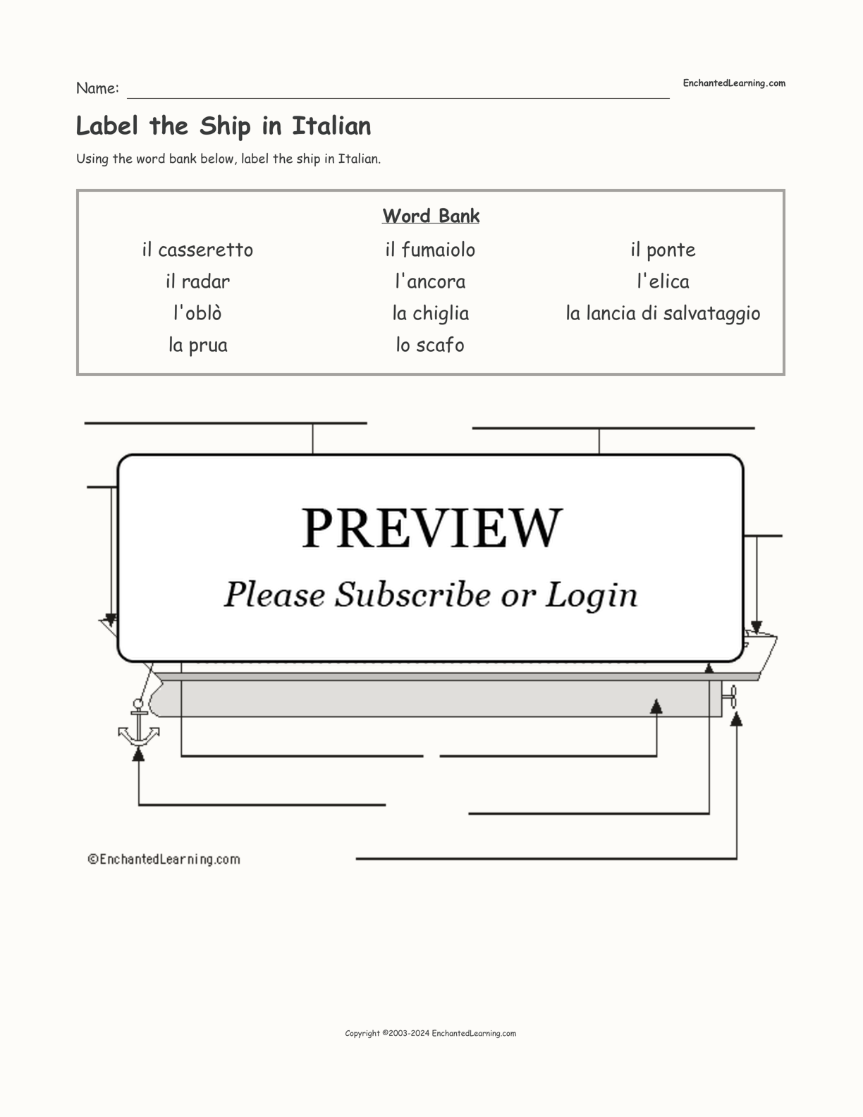 Label the Ship in Italian interactive worksheet page 1