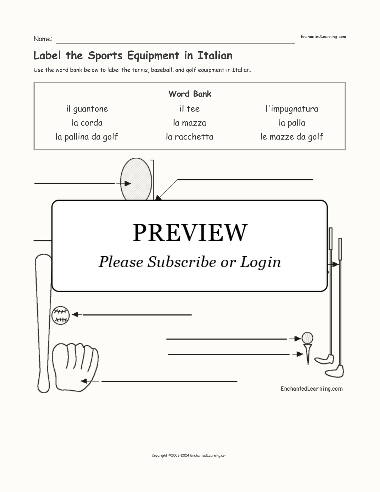 Label the Sports Equipment in Italian interactive worksheet page 1