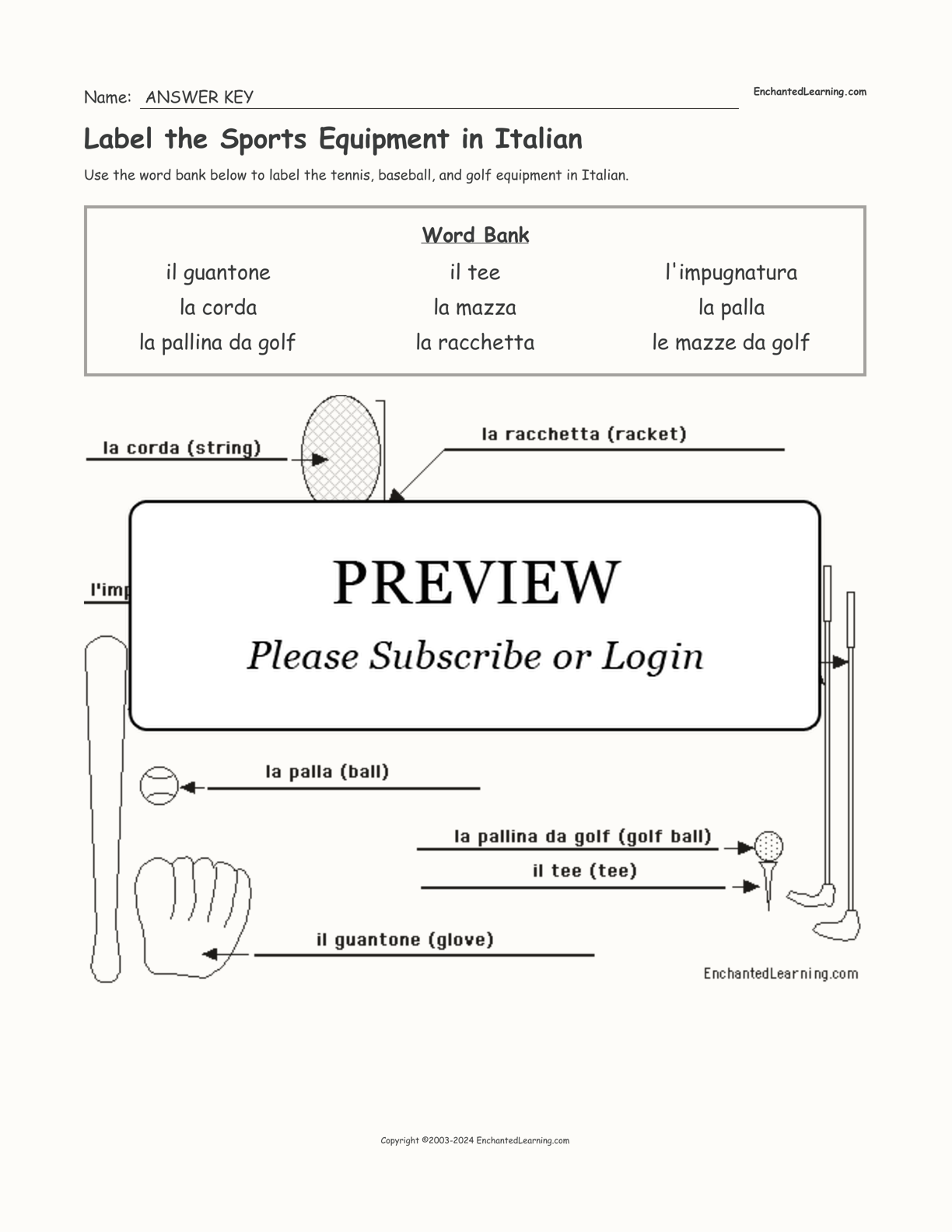 Label the Sports Equipment in Italian interactive worksheet page 2