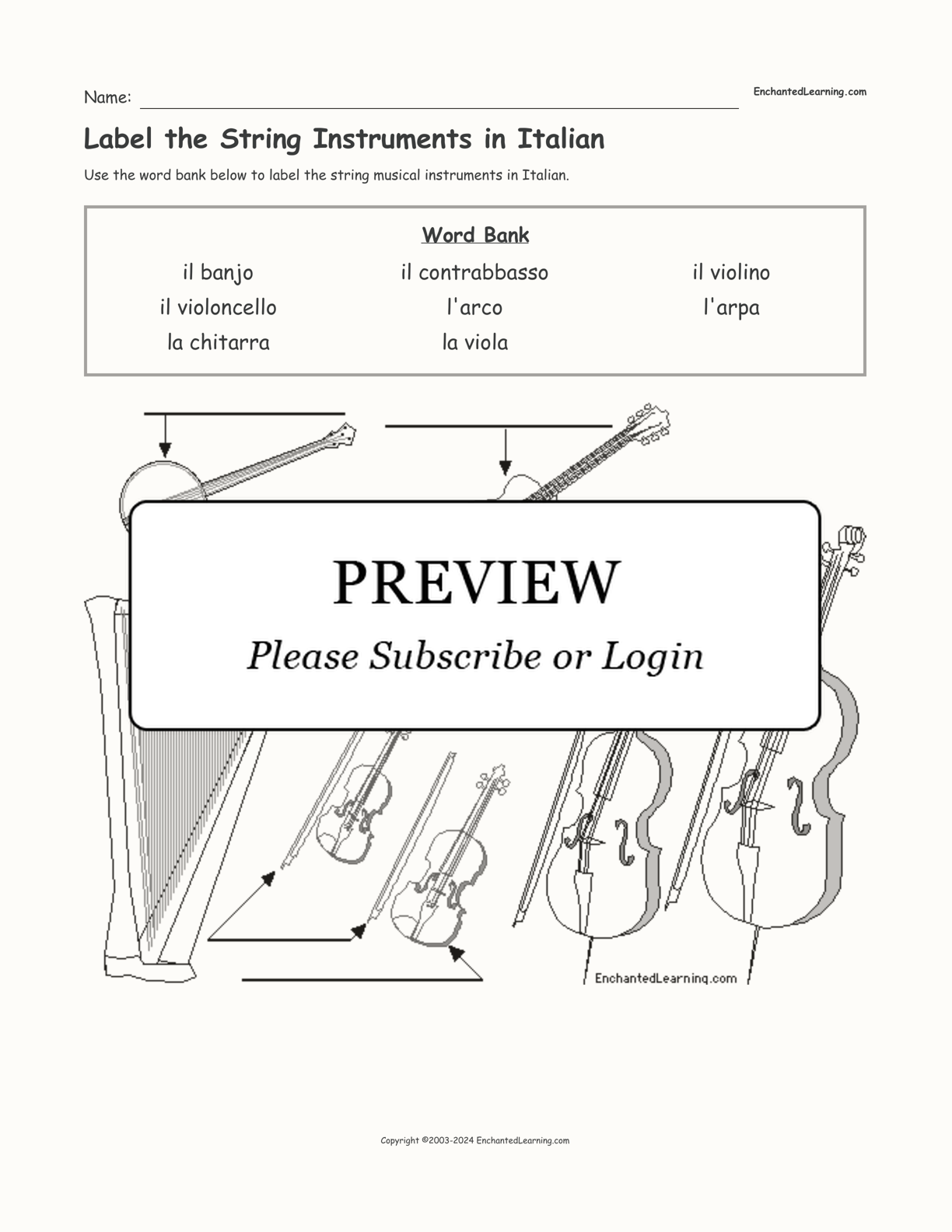 Label the String Instruments in Italian interactive worksheet page 1