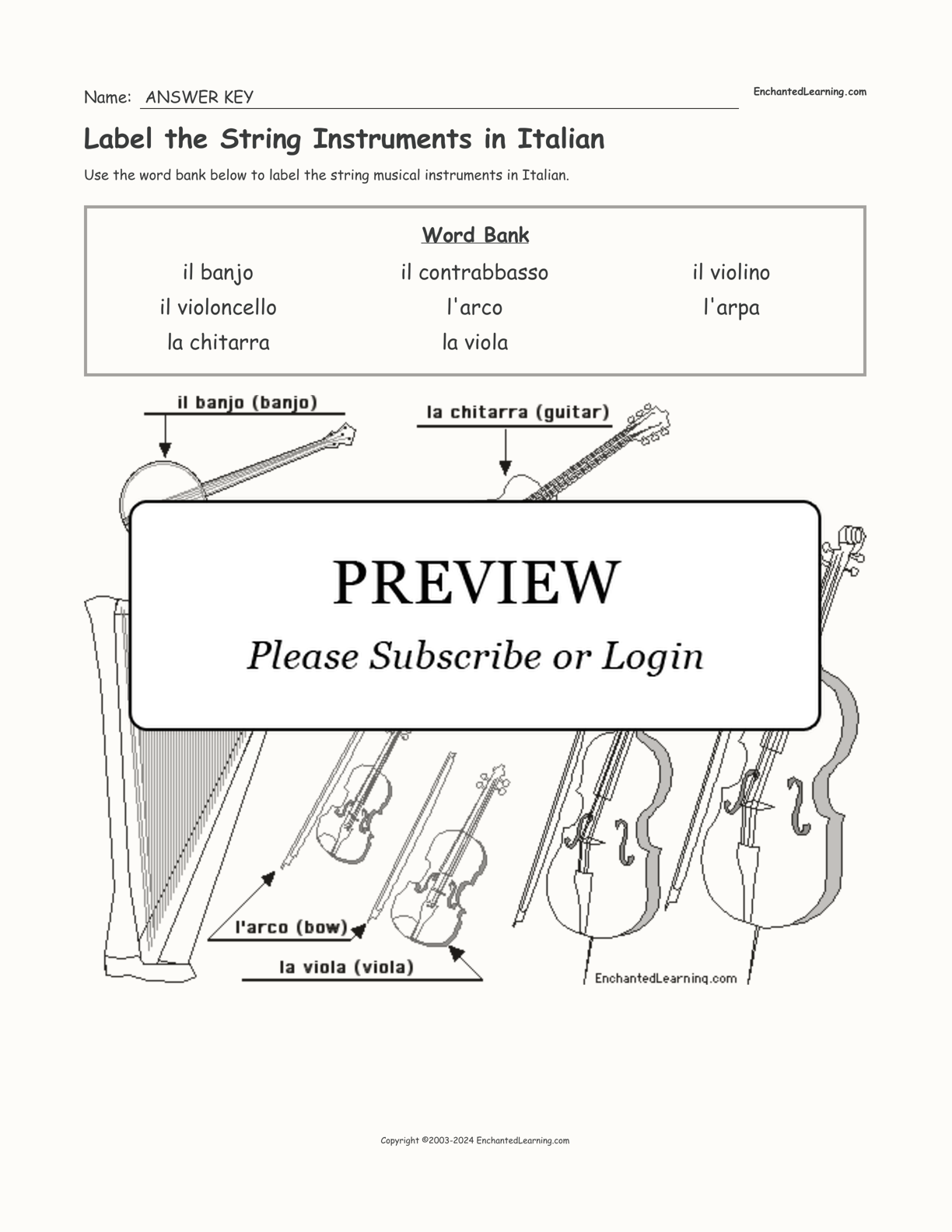 Label the String Instruments in Italian interactive worksheet page 2