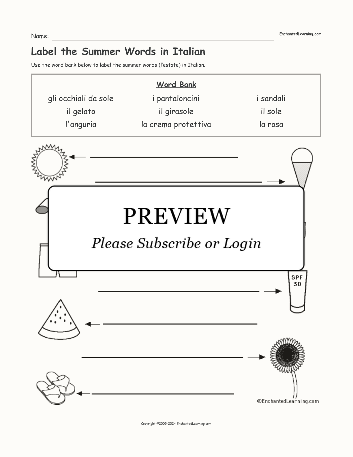 Label the Summer Words in Italian interactive worksheet page 1