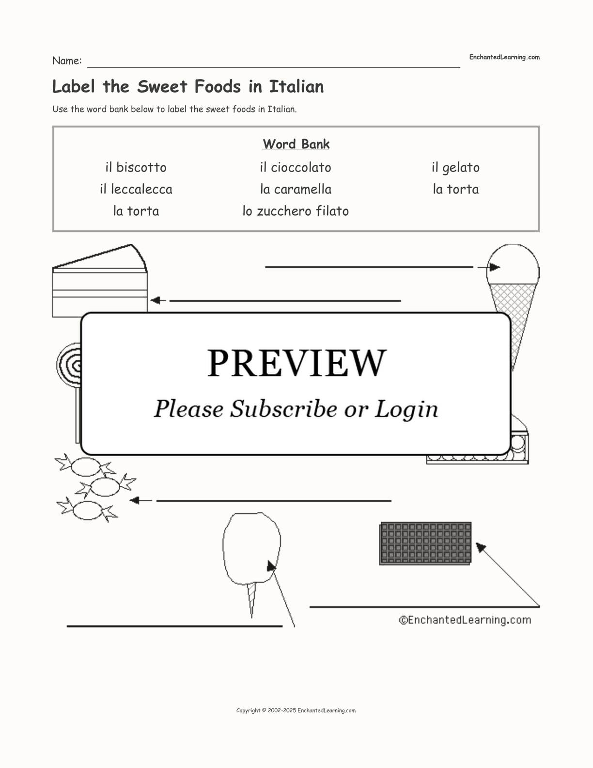 Label the Sweet Foods in Italian interactive worksheet page 1