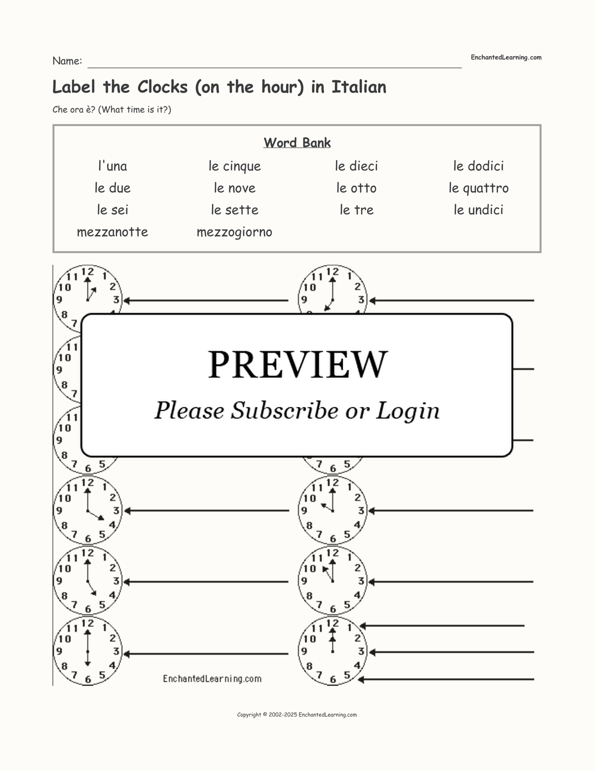 Label the Clocks (on the hour) in Italian interactive worksheet page 1