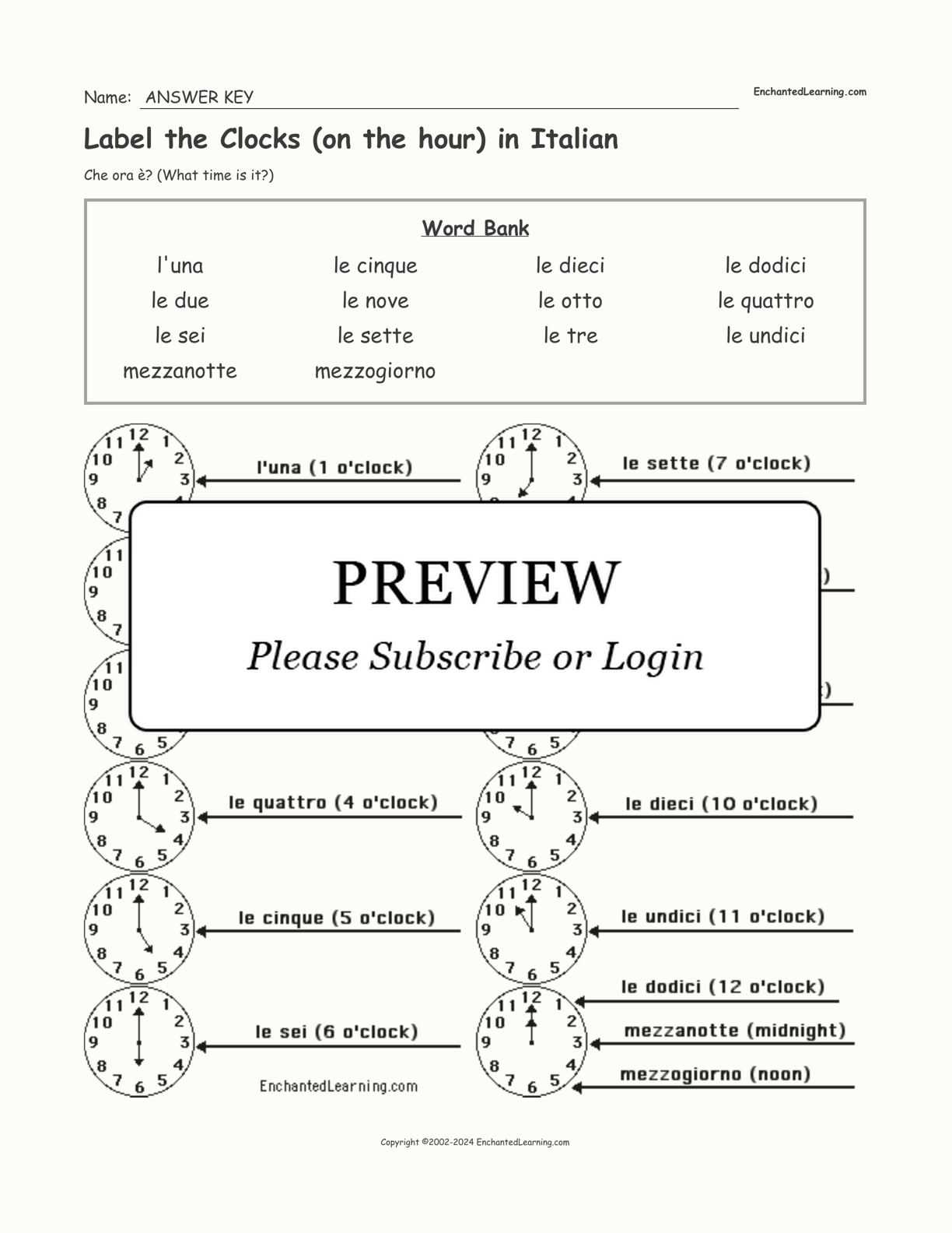 Label the Clocks (on the hour) in Italian interactive worksheet page 2