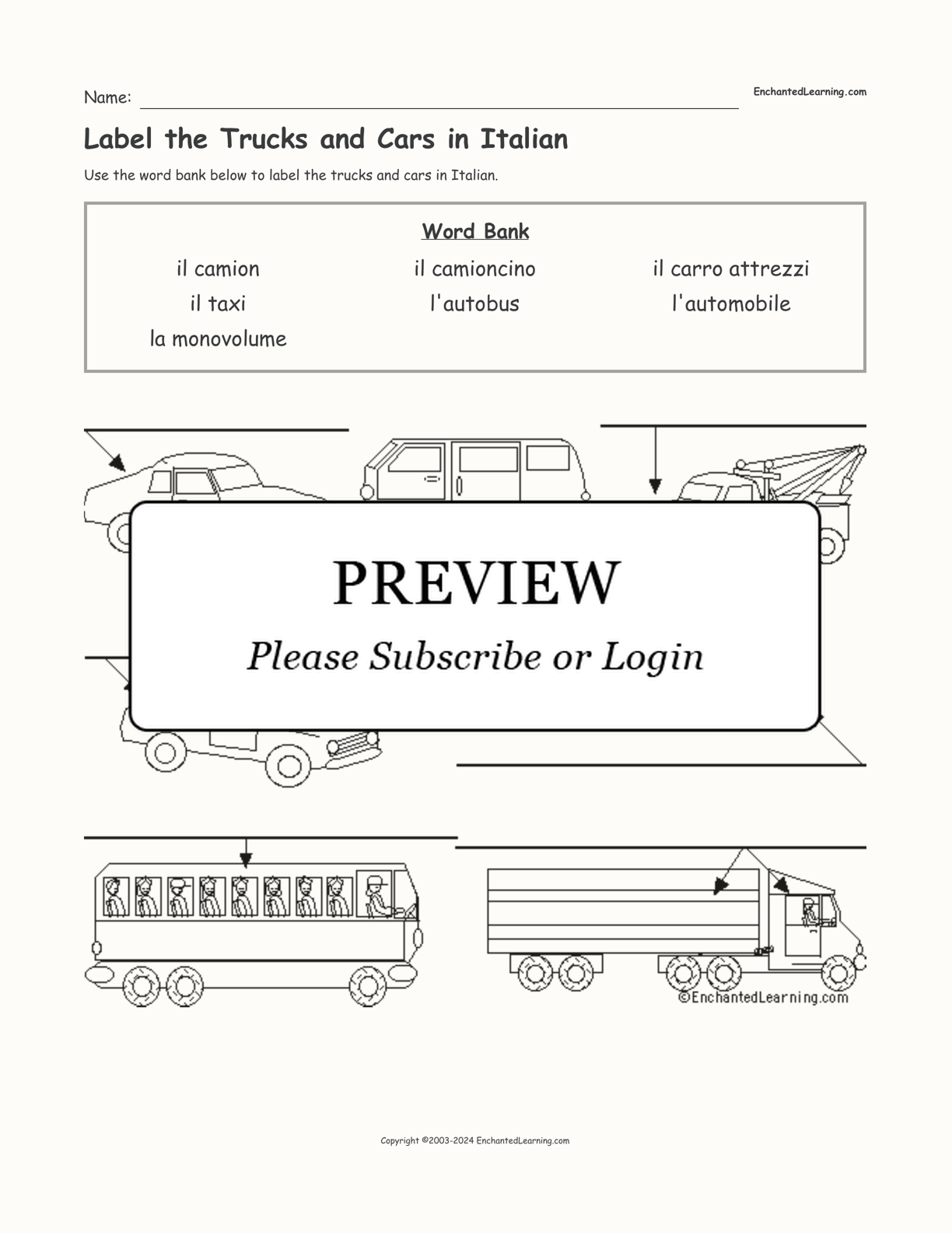 Label the Trucks and Cars in Italian interactive worksheet page 1