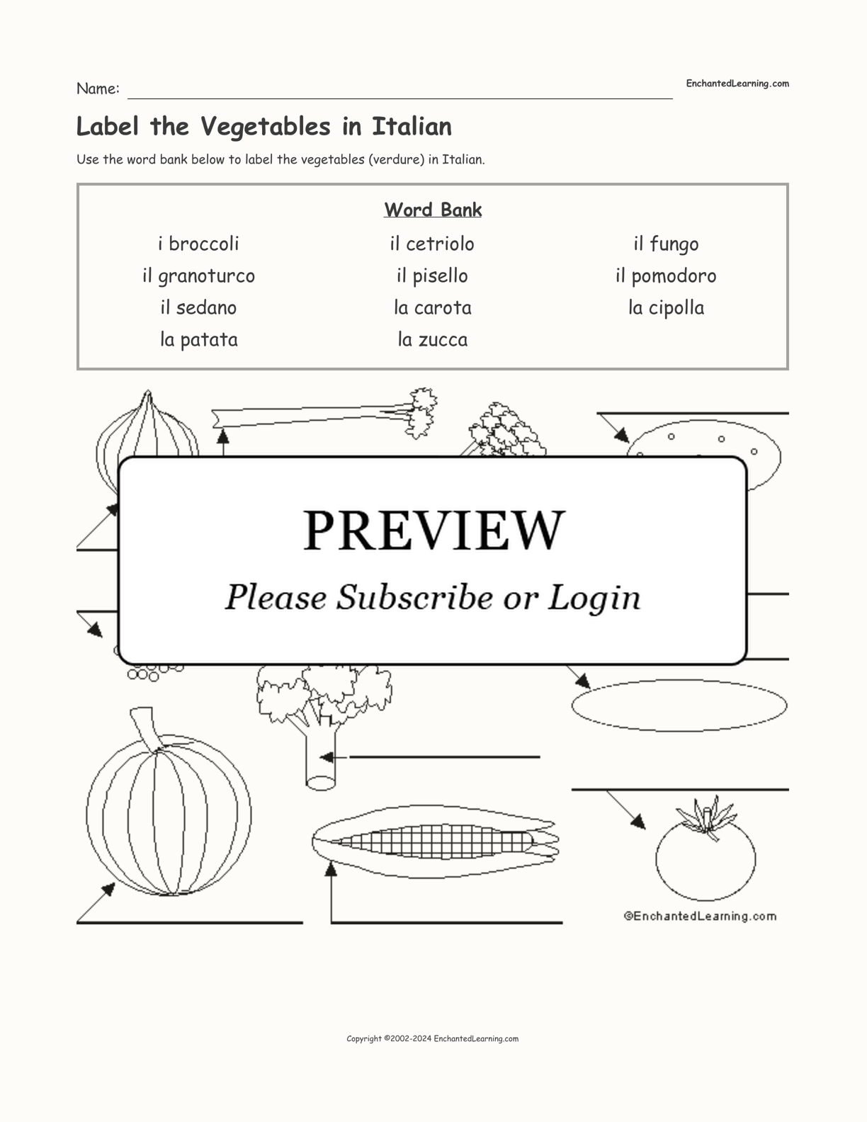 Label the Vegetables in Italian interactive worksheet page 1