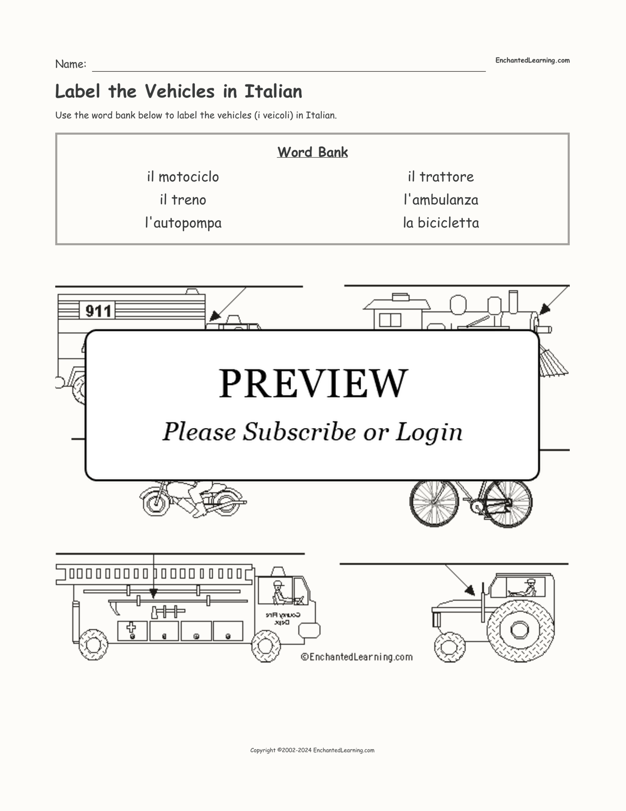 Label the Vehicles in Italian interactive worksheet page 1