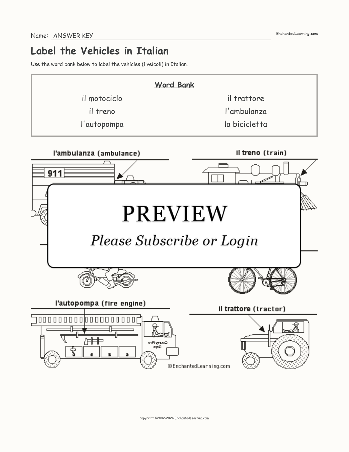 Label the Vehicles in Italian interactive worksheet page 2