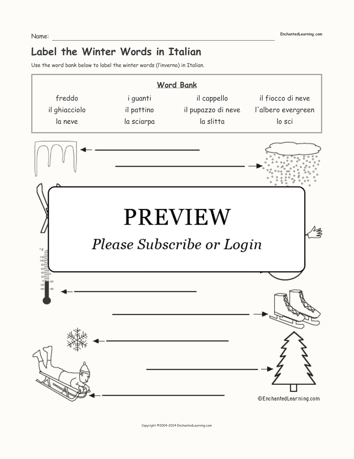 Label the Winter Words in Italian interactive worksheet page 1