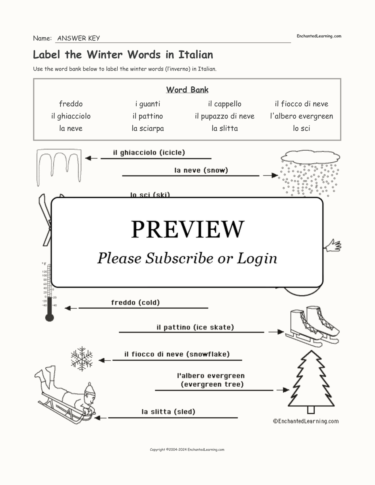 Label the Winter Words in Italian interactive worksheet page 2