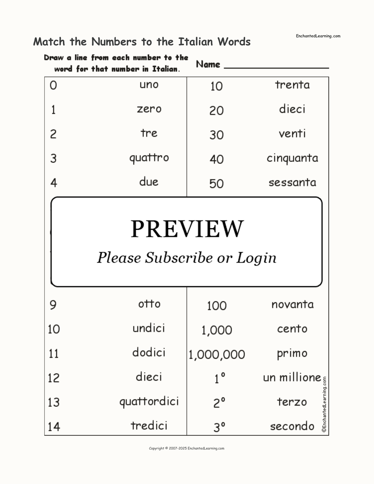 Match the Numbers to the Italian Words interactive worksheet page 1