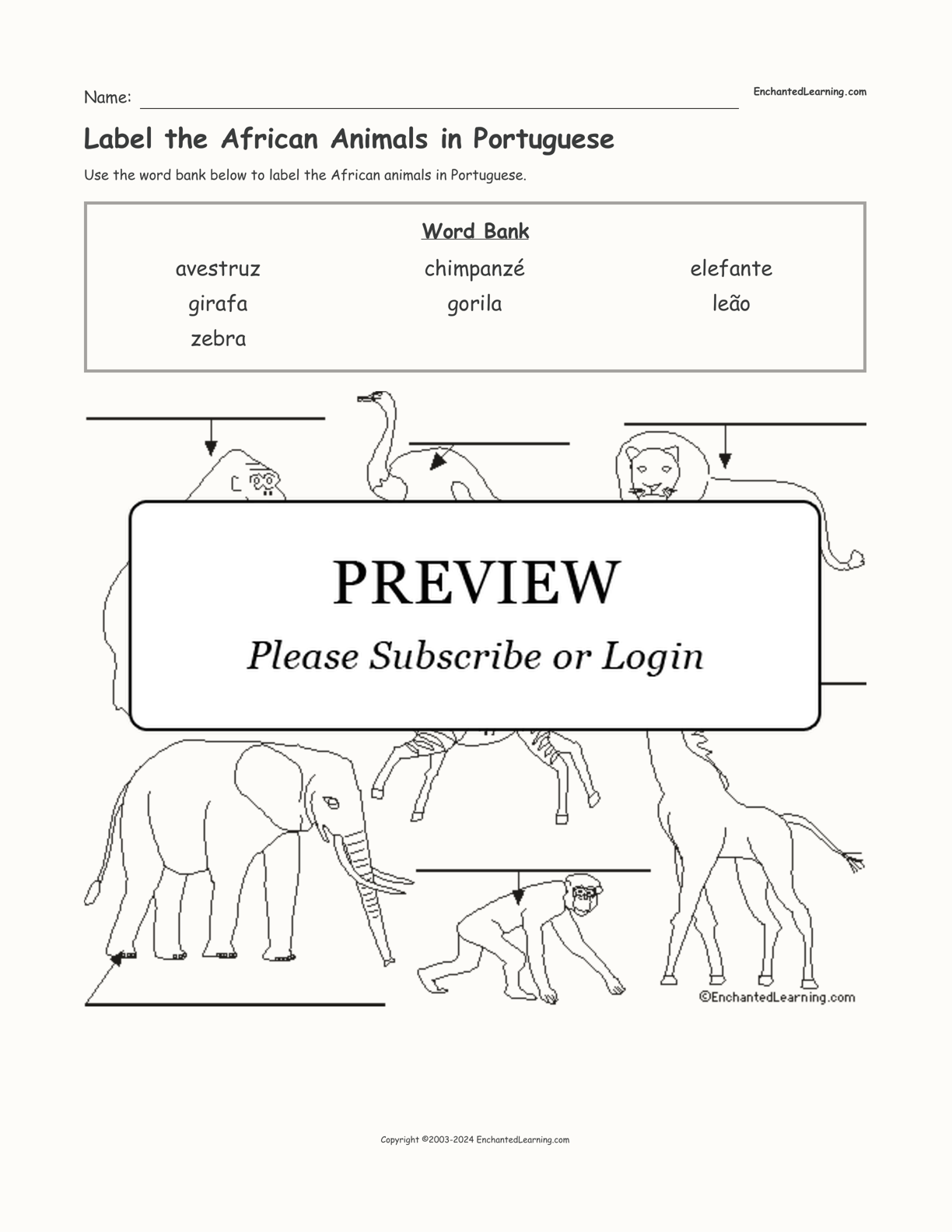 Label the African Animals in Portuguese interactive worksheet page 1