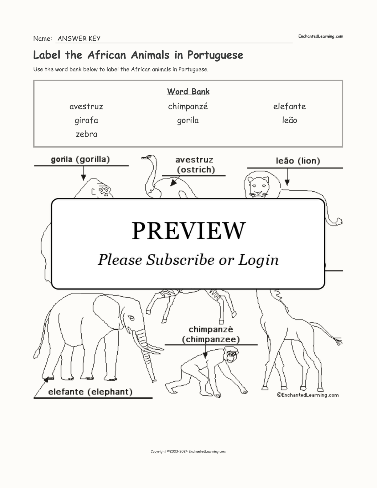 Label the African Animals in Portuguese interactive worksheet page 2