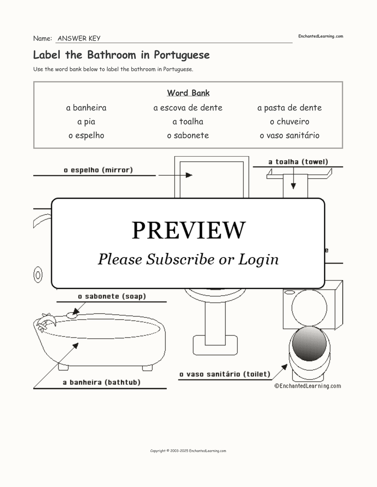 Label the Bathroom in Portuguese interactive worksheet page 2