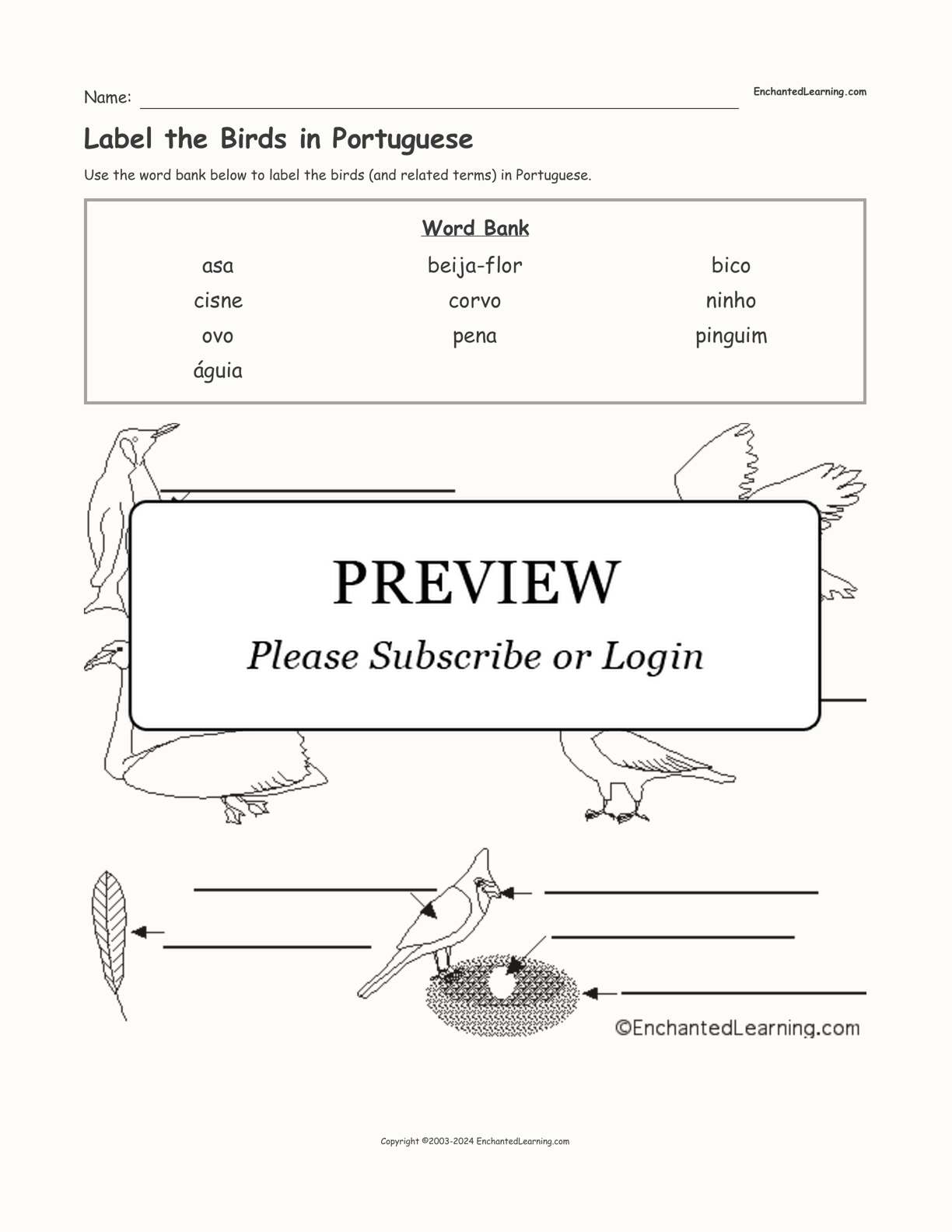 Label the Birds in Portuguese interactive worksheet page 1