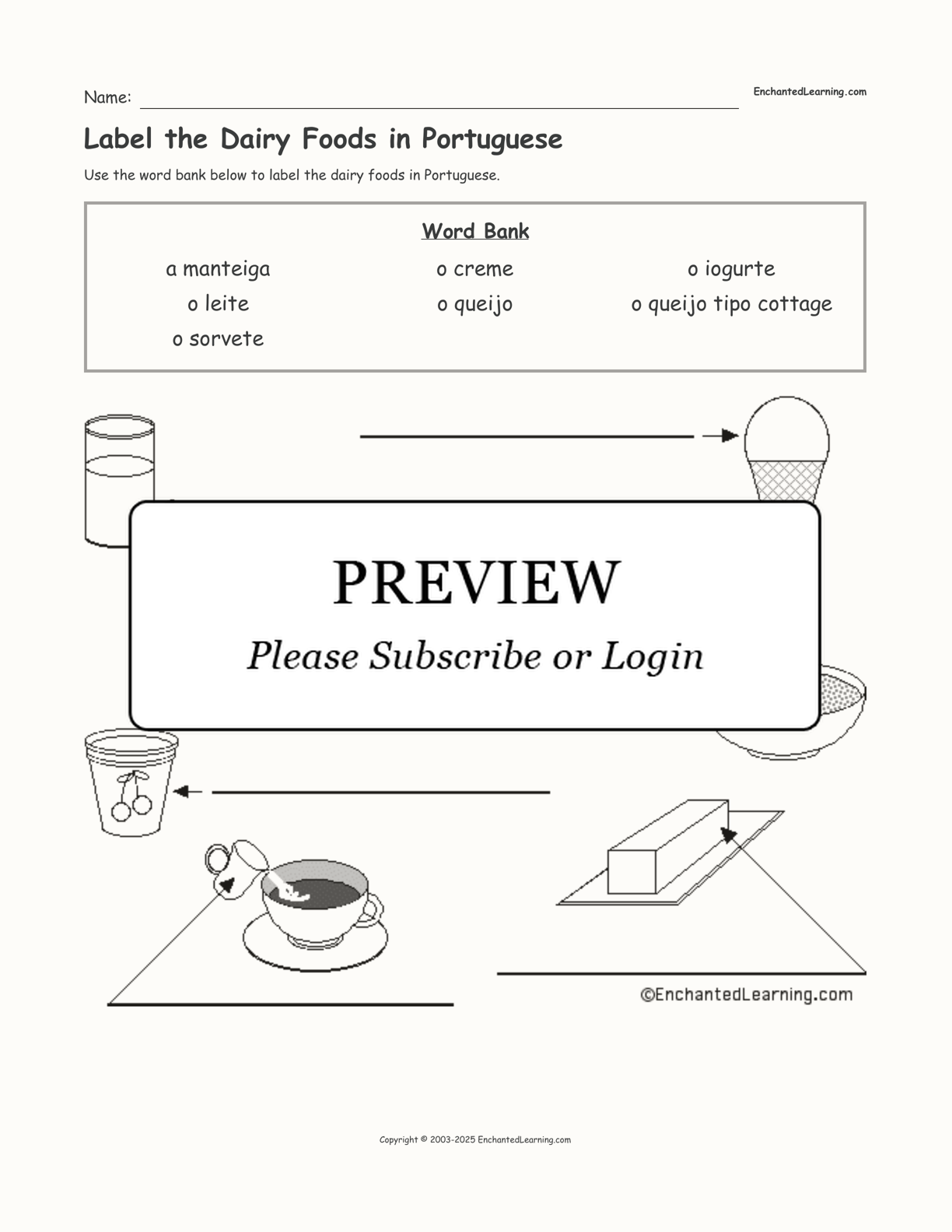 Label the Dairy Foods in Portuguese interactive worksheet page 1