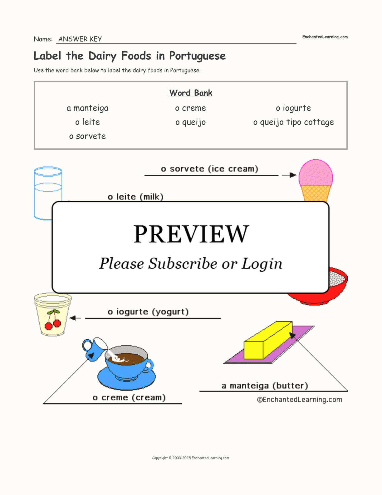 Label the Dairy Foods in Portuguese interactive worksheet page 2