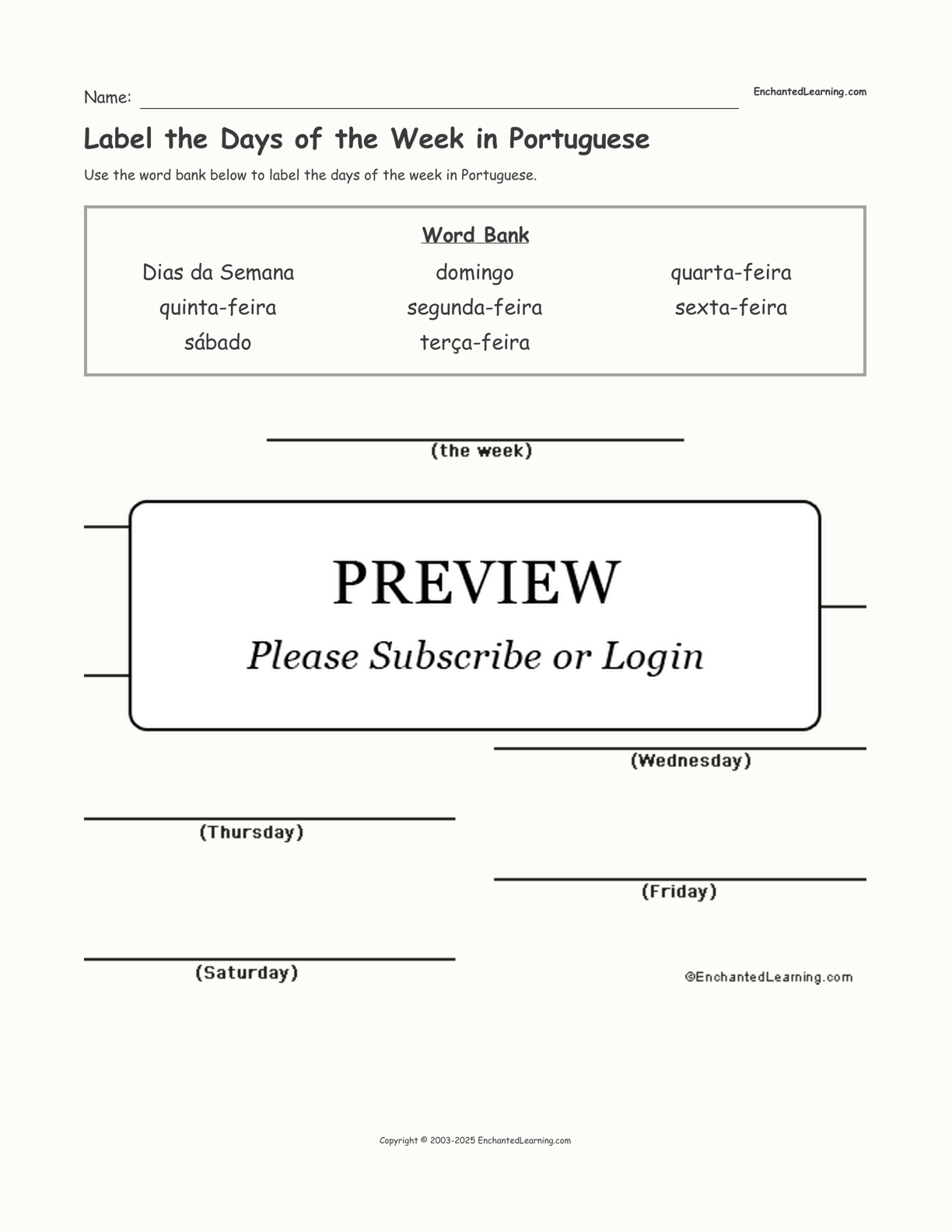 Label the Days of the Week in Portuguese interactive worksheet page 1