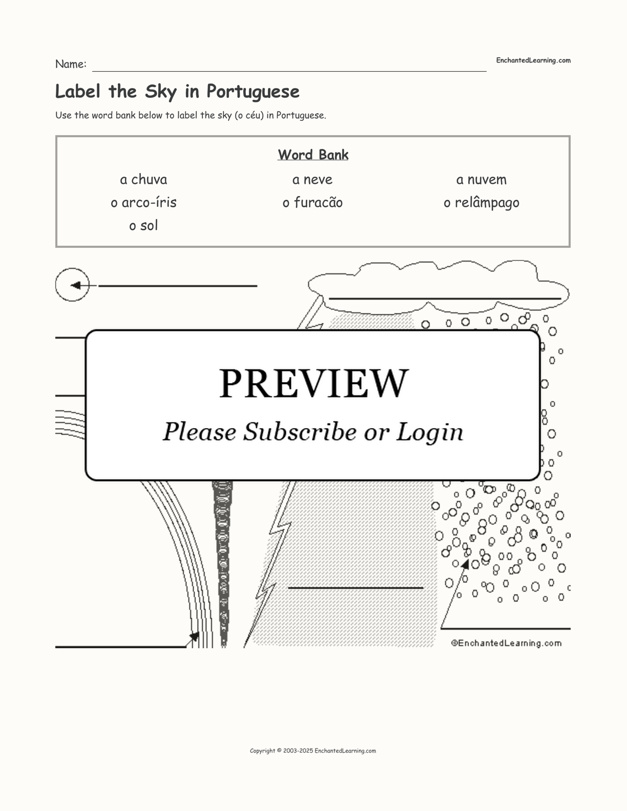 Label the Sky in Portuguese interactive worksheet page 1