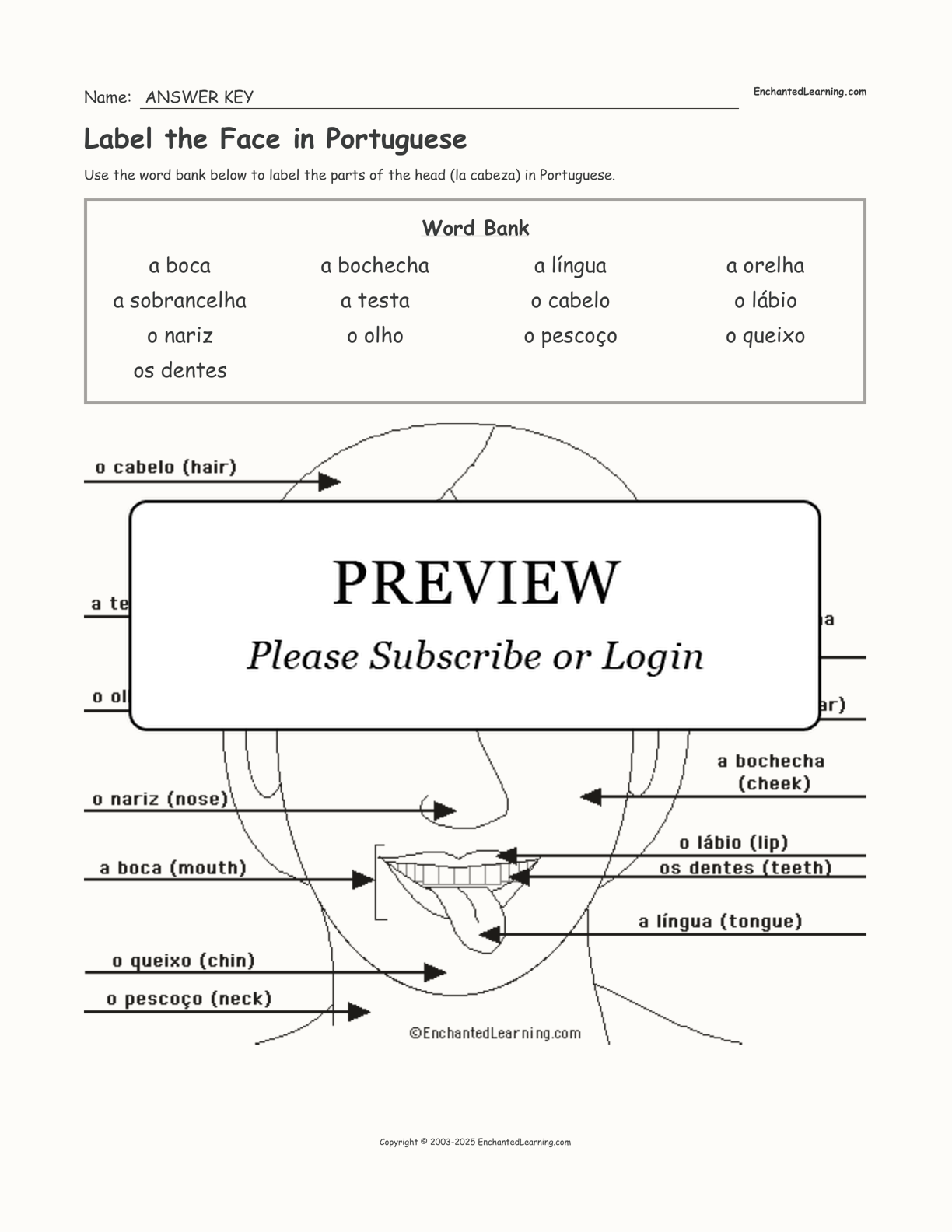 Label the Face in Portuguese interactive worksheet page 2