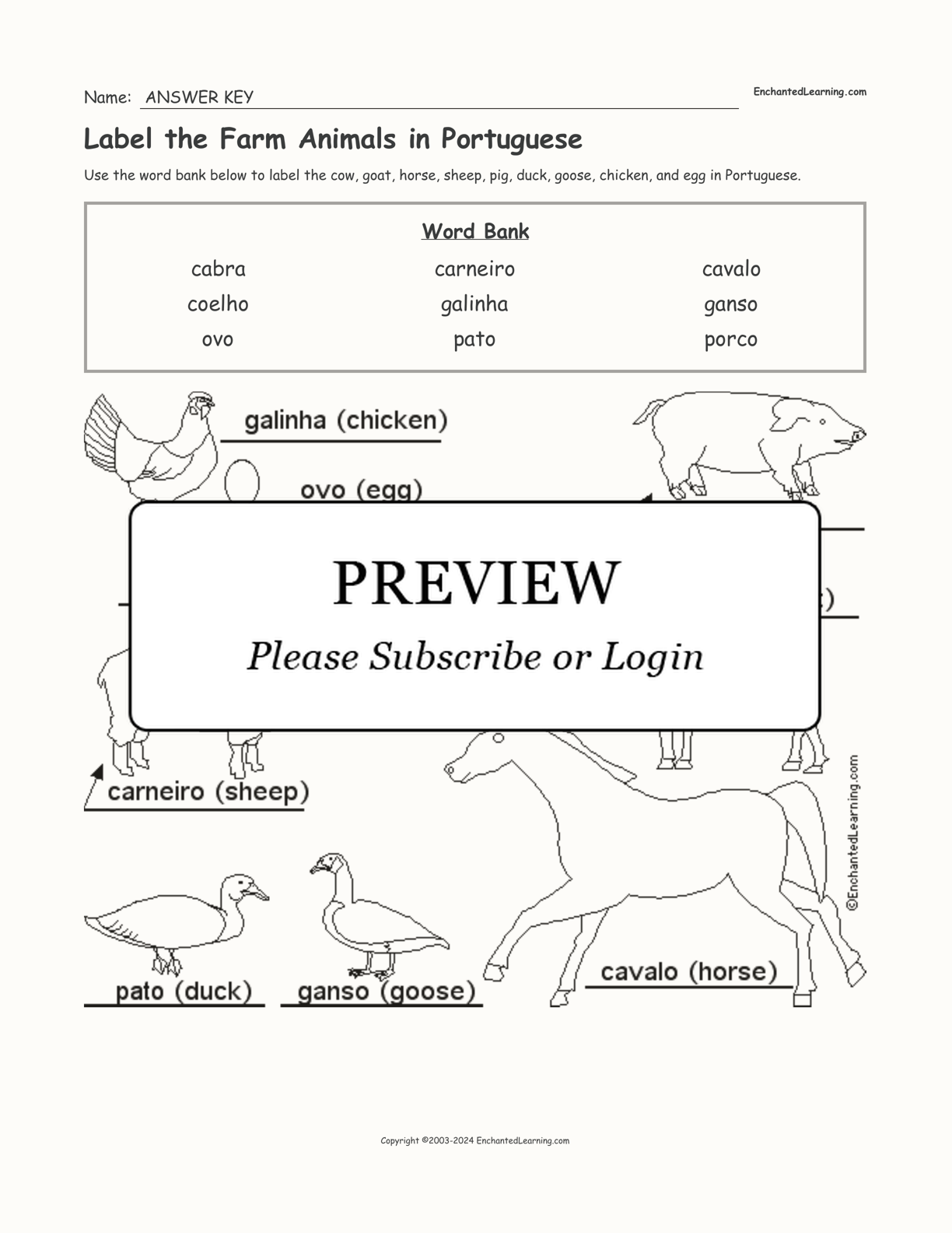 Label the Farm Animals in Portuguese interactive worksheet page 2