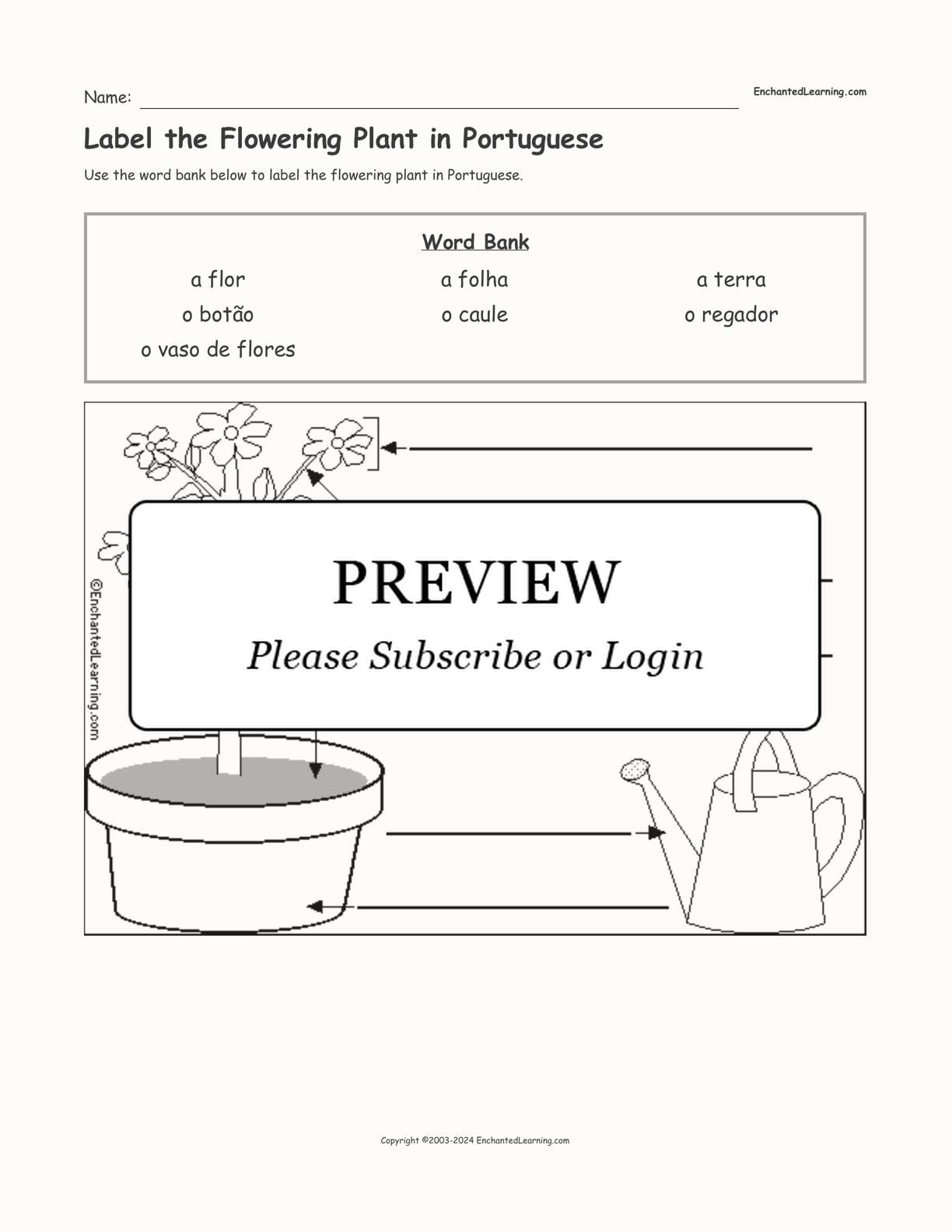 Label the Flowering Plant in Portuguese interactive worksheet page 1