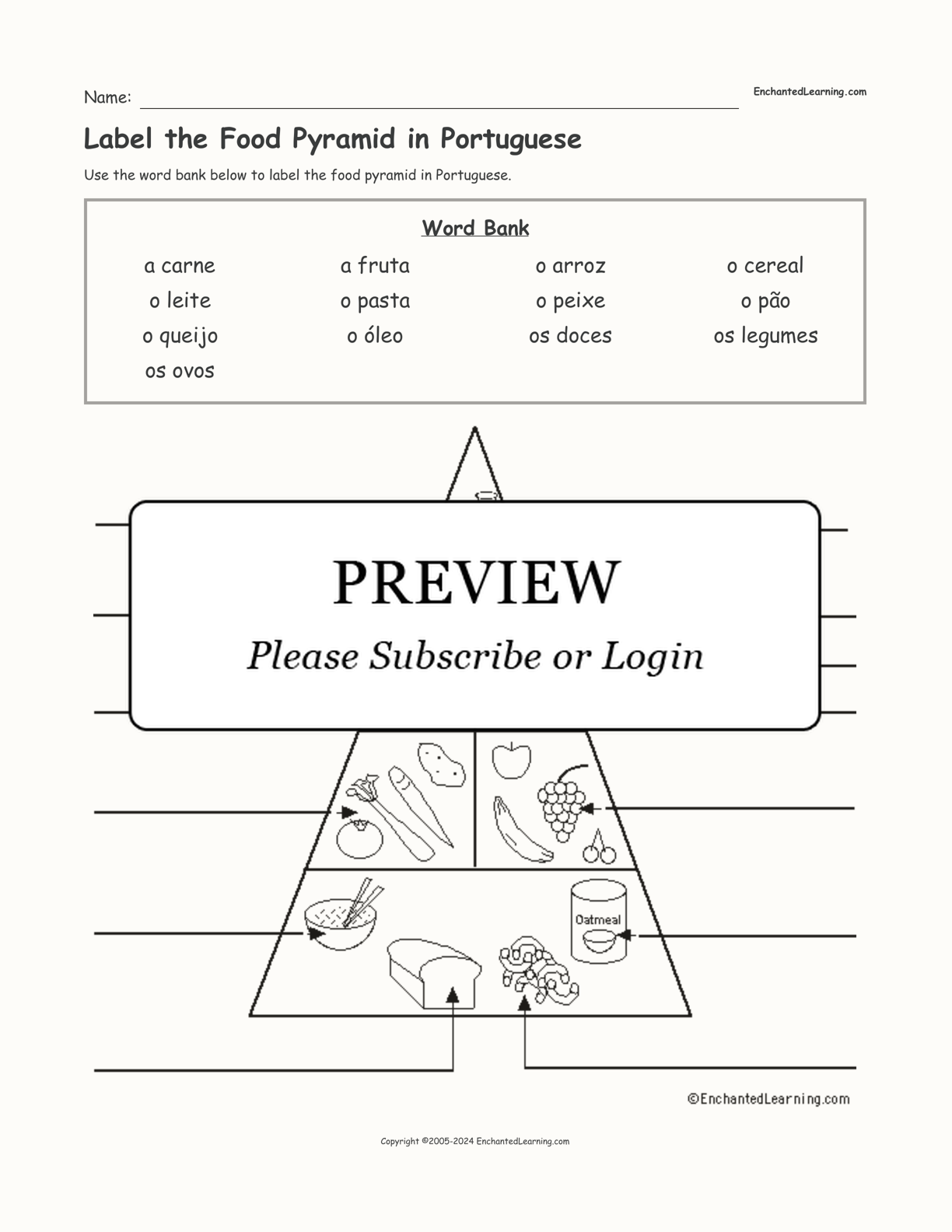 Label the Food Pyramid in Portuguese interactive worksheet page 1