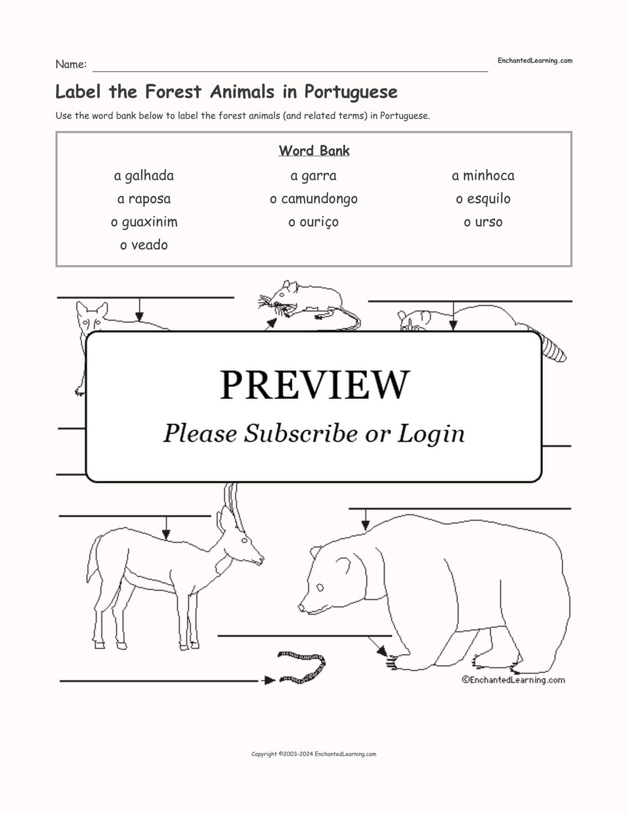Label the Forest Animals in Portuguese interactive worksheet page 1