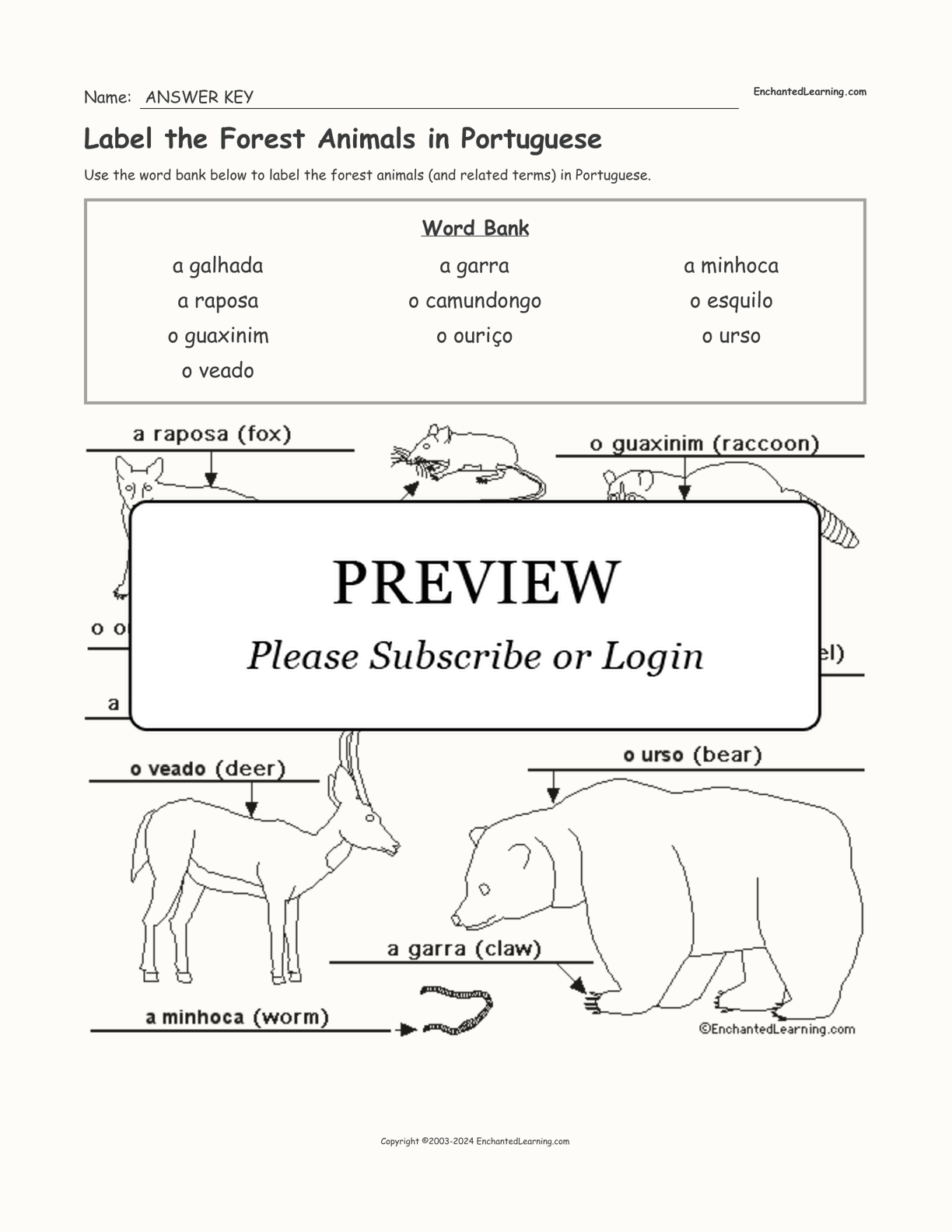 Label the Forest Animals in Portuguese interactive worksheet page 2