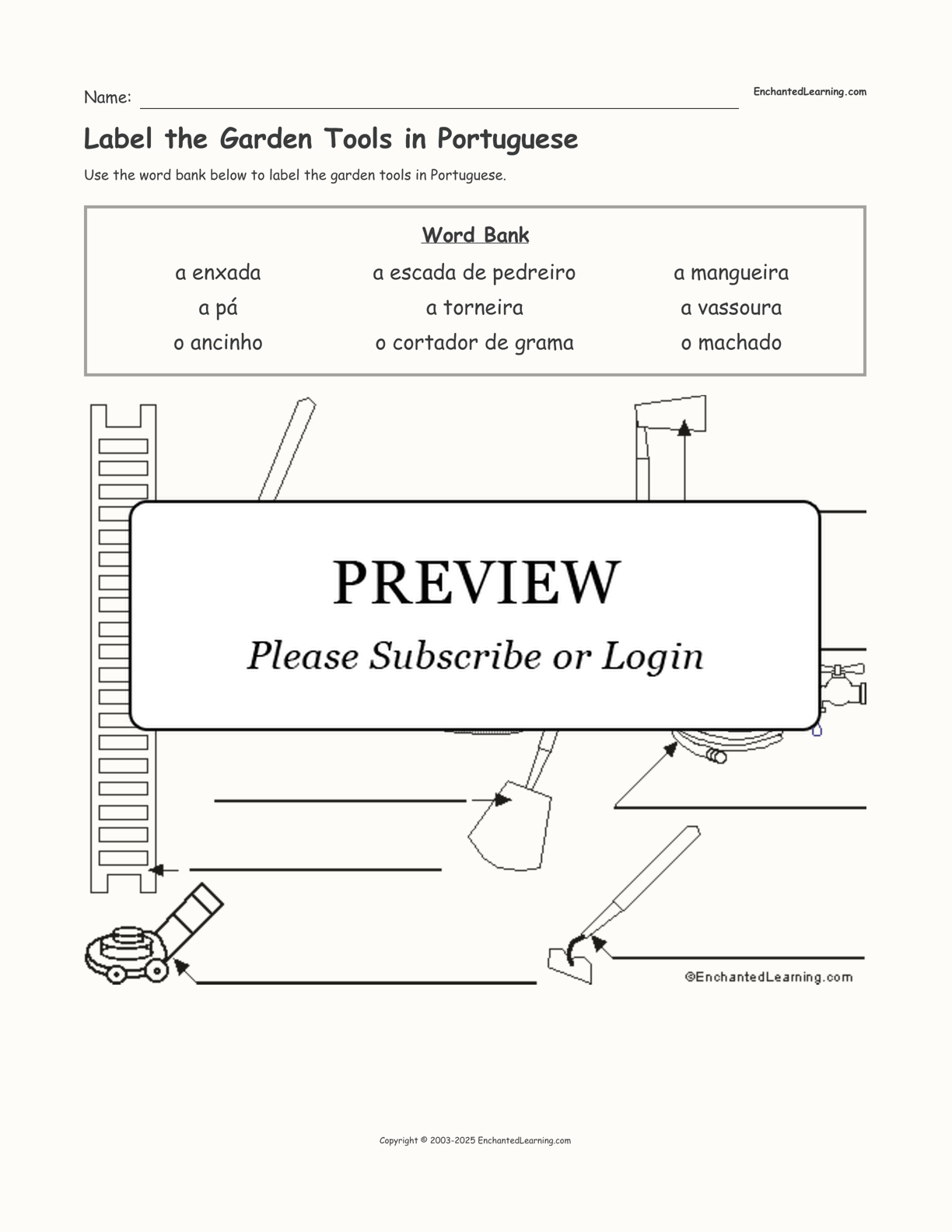 Label the Garden Tools in Portuguese interactive worksheet page 1