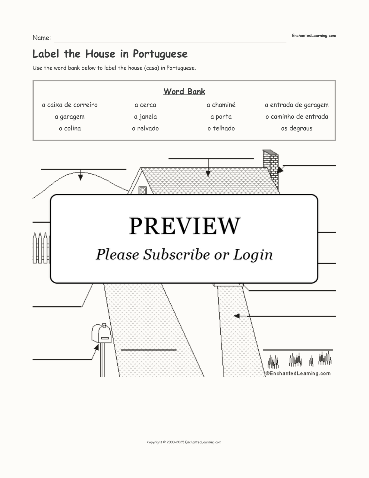 Label the House in Portuguese interactive worksheet page 1