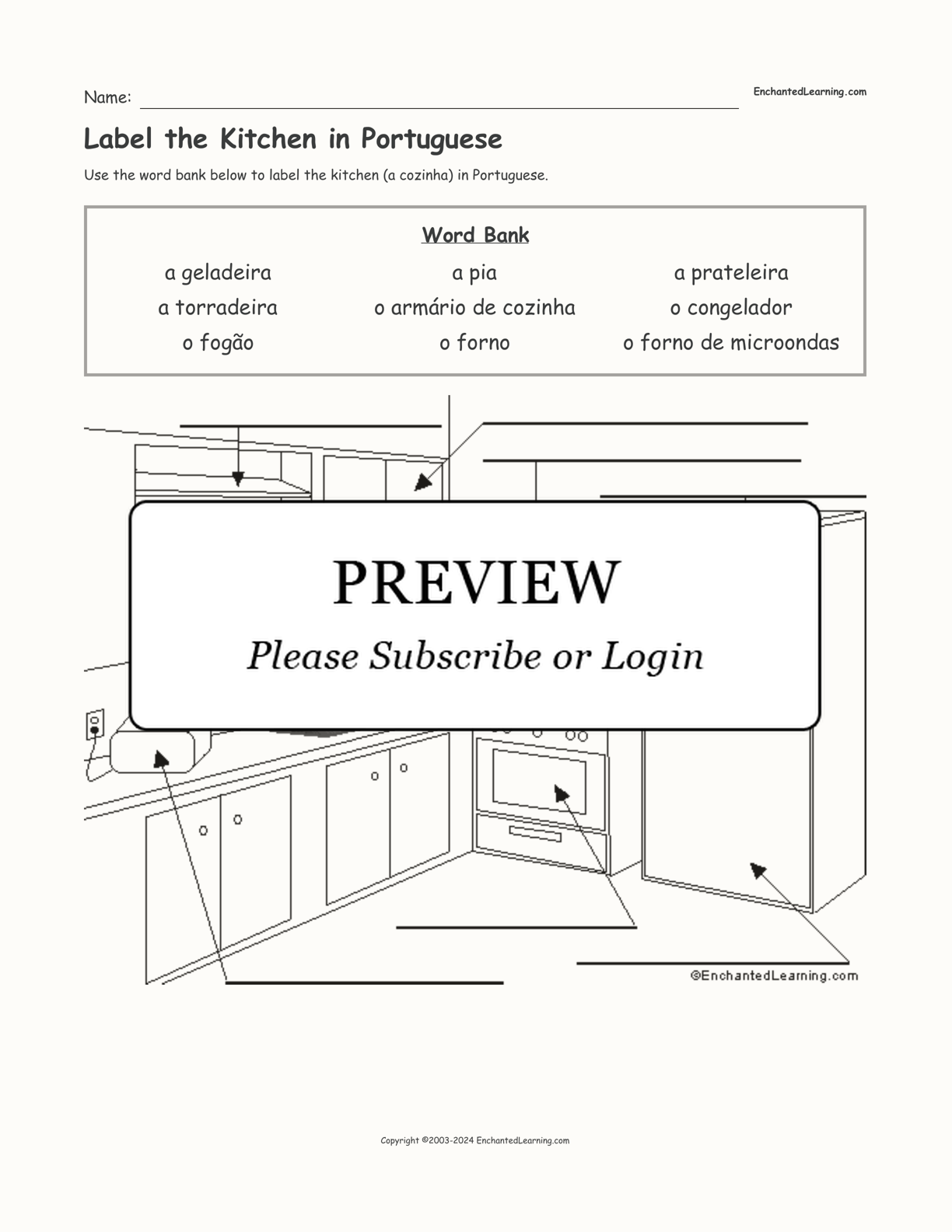Label the Kitchen in Portuguese interactive worksheet page 1
