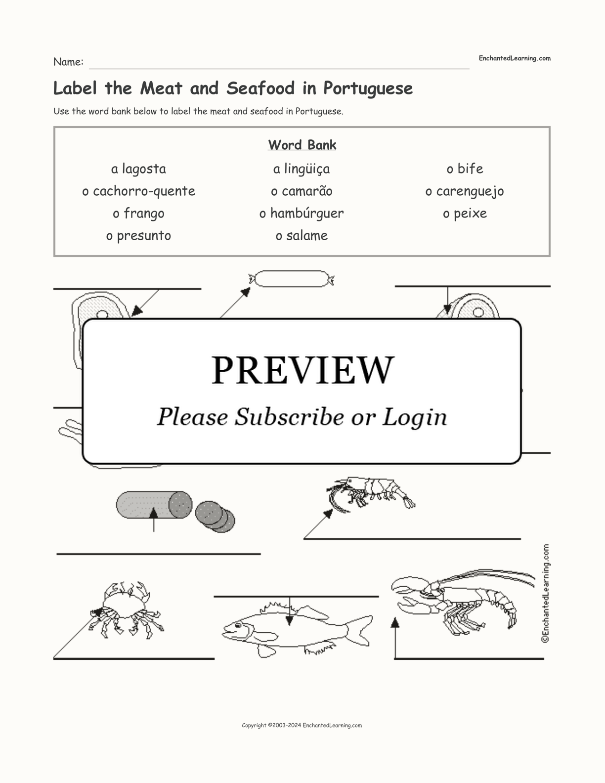 Label the Meat and Seafood in Portuguese interactive worksheet page 1