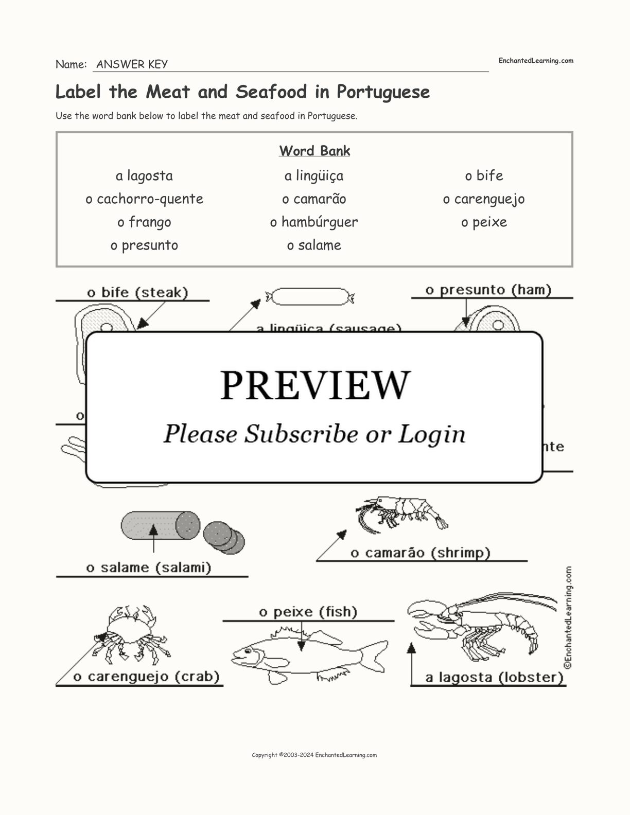 Label the Meat and Seafood in Portuguese interactive worksheet page 2