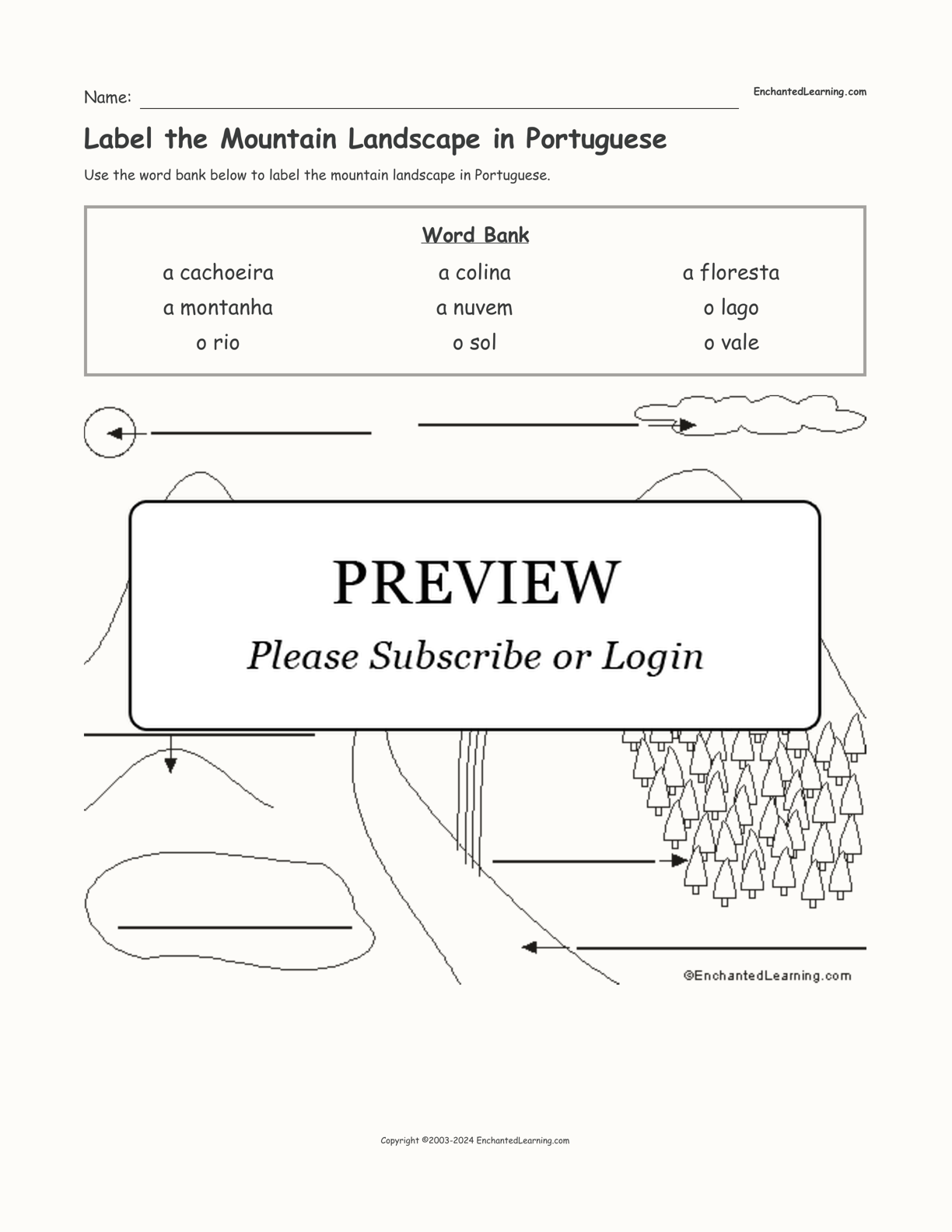 Label the Mountain Landscape in Portuguese interactive worksheet page 1